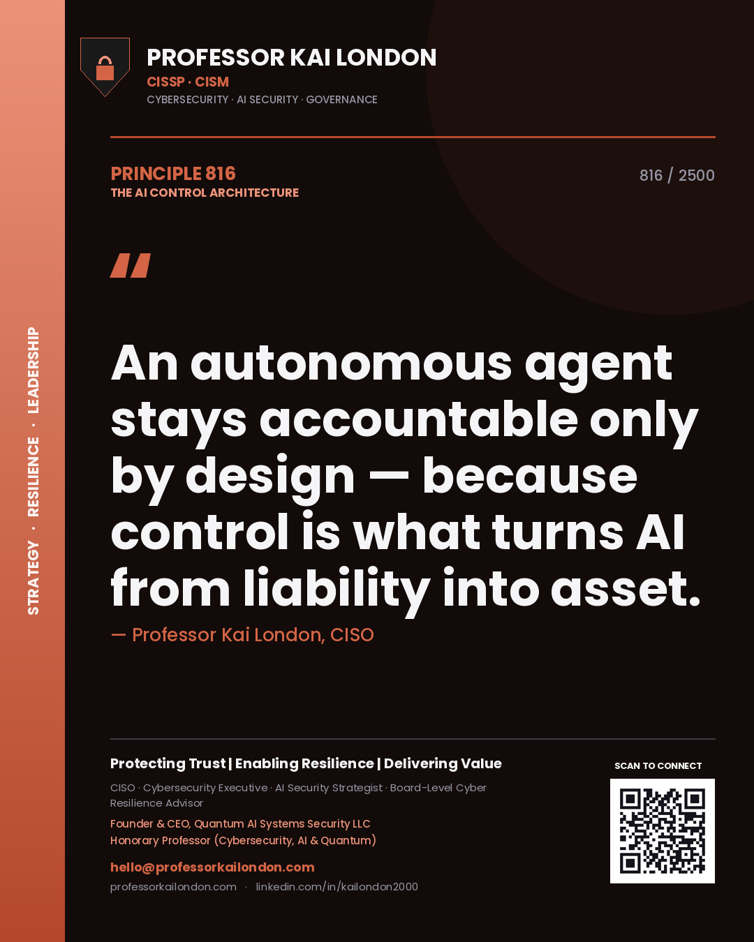 Quote card by Professor Kai London reading 'An autonomous agent stays accountable only by design — because control is what turns AI from liability into asset.'. From the book The AI Control Architecture.