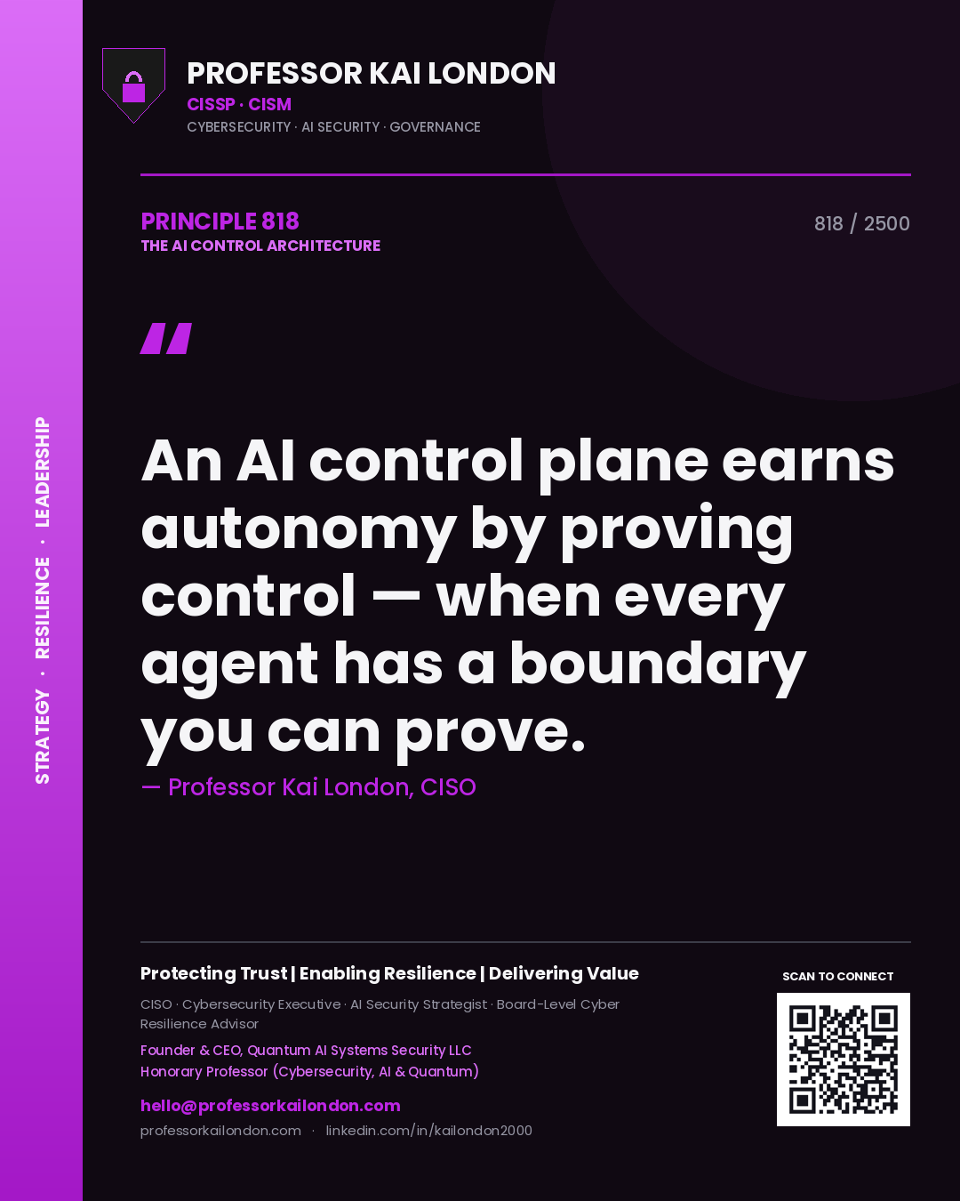 Quote card by Professor Kai London reading 'An AI control plane earns autonomy by proving control — when every agent has a boundary you can prove.'. From the book The AI Control Architecture.