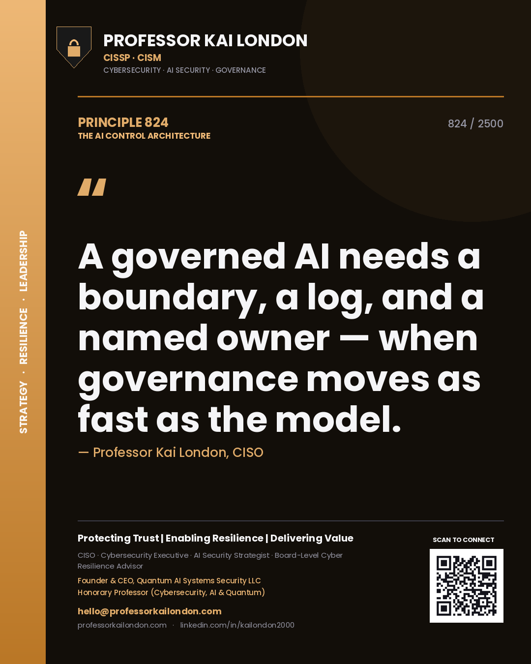 Quote card by Professor Kai London reading 'A governed AI needs a boundary, a log, and a named owner — when governance moves as fast as the model.'. From the book The AI Control Architecture.