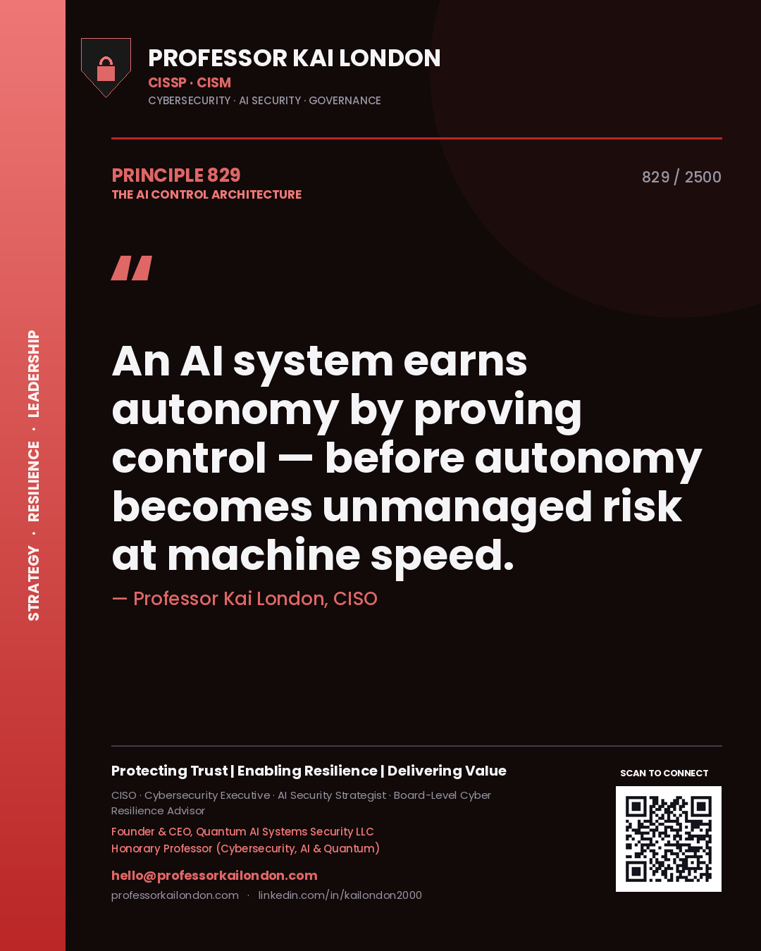 Quote card by Professor Kai London reading 'An AI system earns autonomy by proving control — before autonomy becomes unmanaged risk at machine speed.'. From the book The AI Control Architecture.