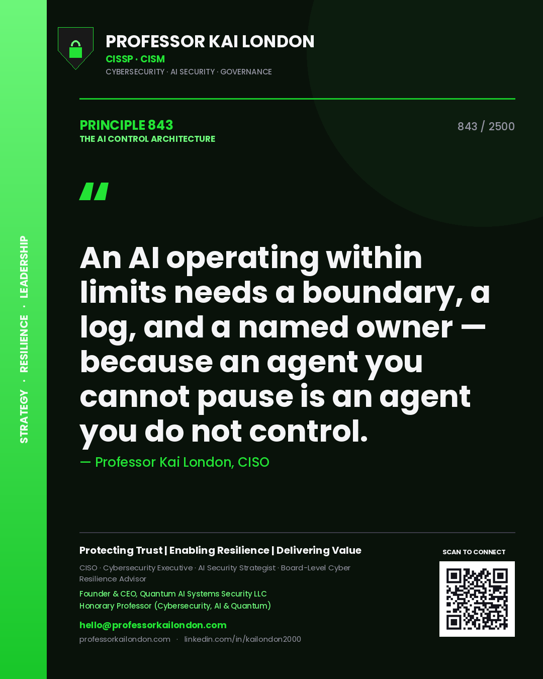 Quote card by Professor Kai London reading 'An AI operating within limits needs a boundary, a log, and a named owner — because an agent you cannot pause is an agent you do not control.'. From the book The AI Control Architecture.
