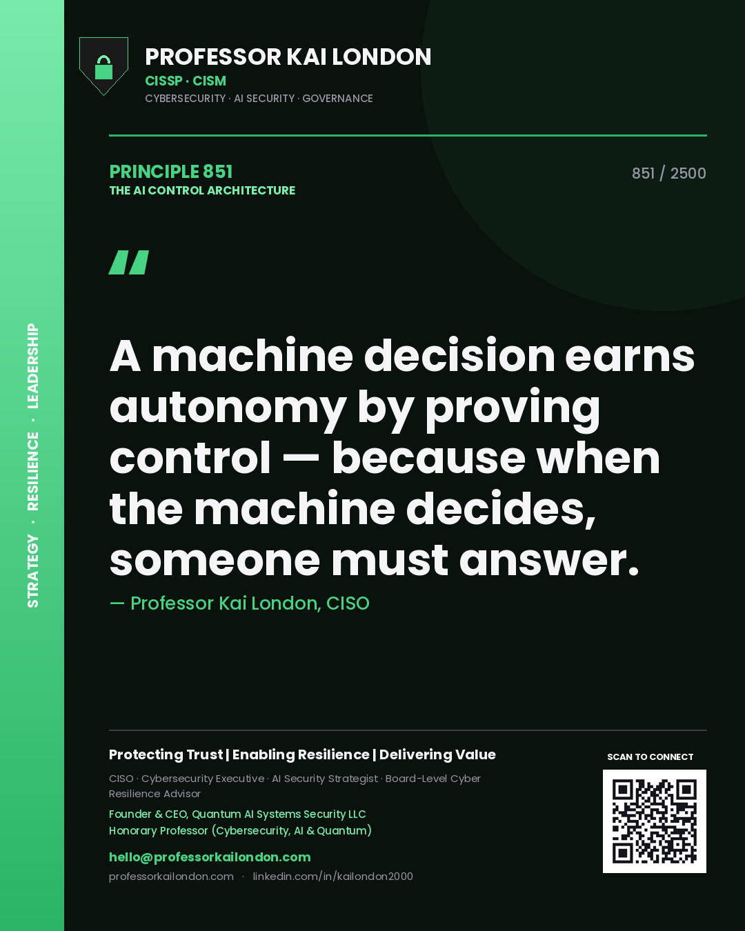 Quote card by Professor Kai London reading 'A machine decision earns autonomy by proving control — because when the machine decides, someone must answer.'. From the book The AI Control Architecture.