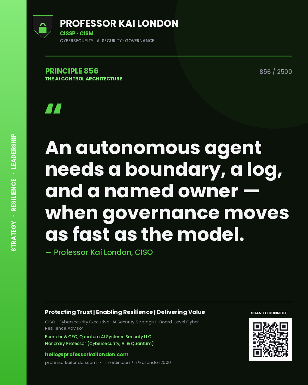Professor Kai London principle 856: An autonomous agent needs a boundary, a log, and a named owner — when governance moves as fast as the model.