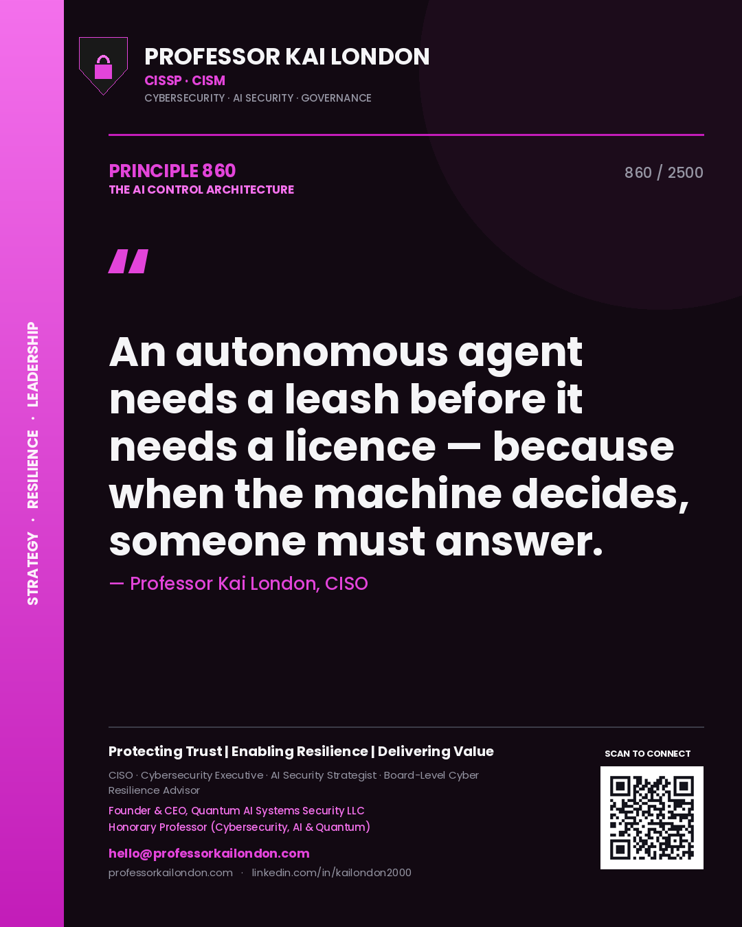 Quote card by Professor Kai London reading 'An autonomous agent needs a leash before it needs a licence — because when the machine decides, someone must answer.'. From the book The AI Control Architecture.