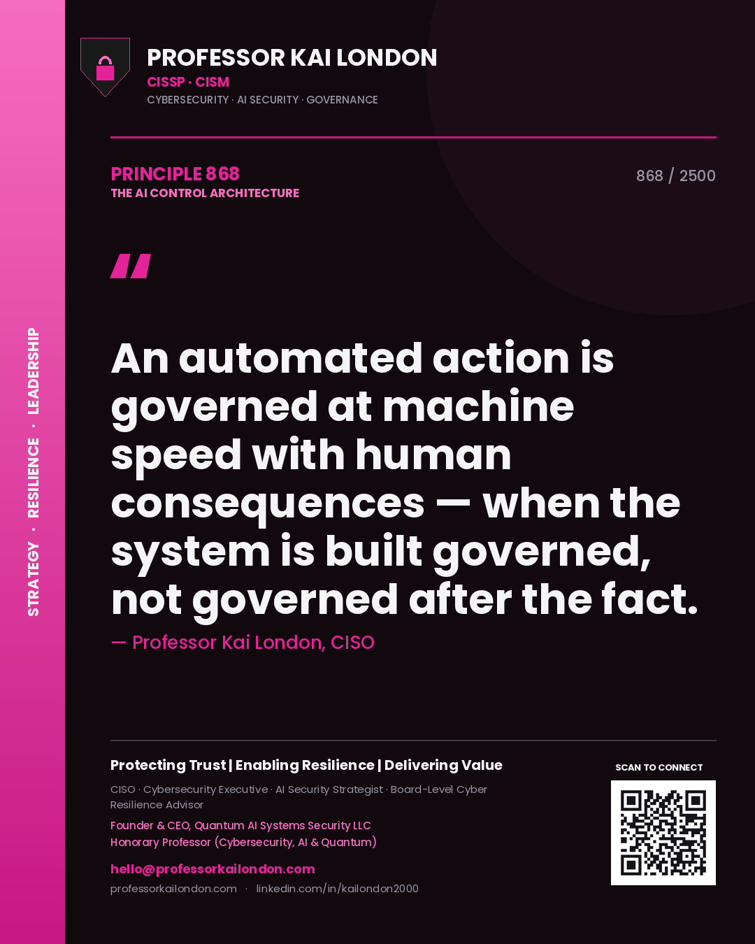 Quote card by Professor Kai London reading 'An automated action is governed at machine speed with human consequences — when the system is built governed, not governed after the fact.'. From the book The AI Control Architecture.