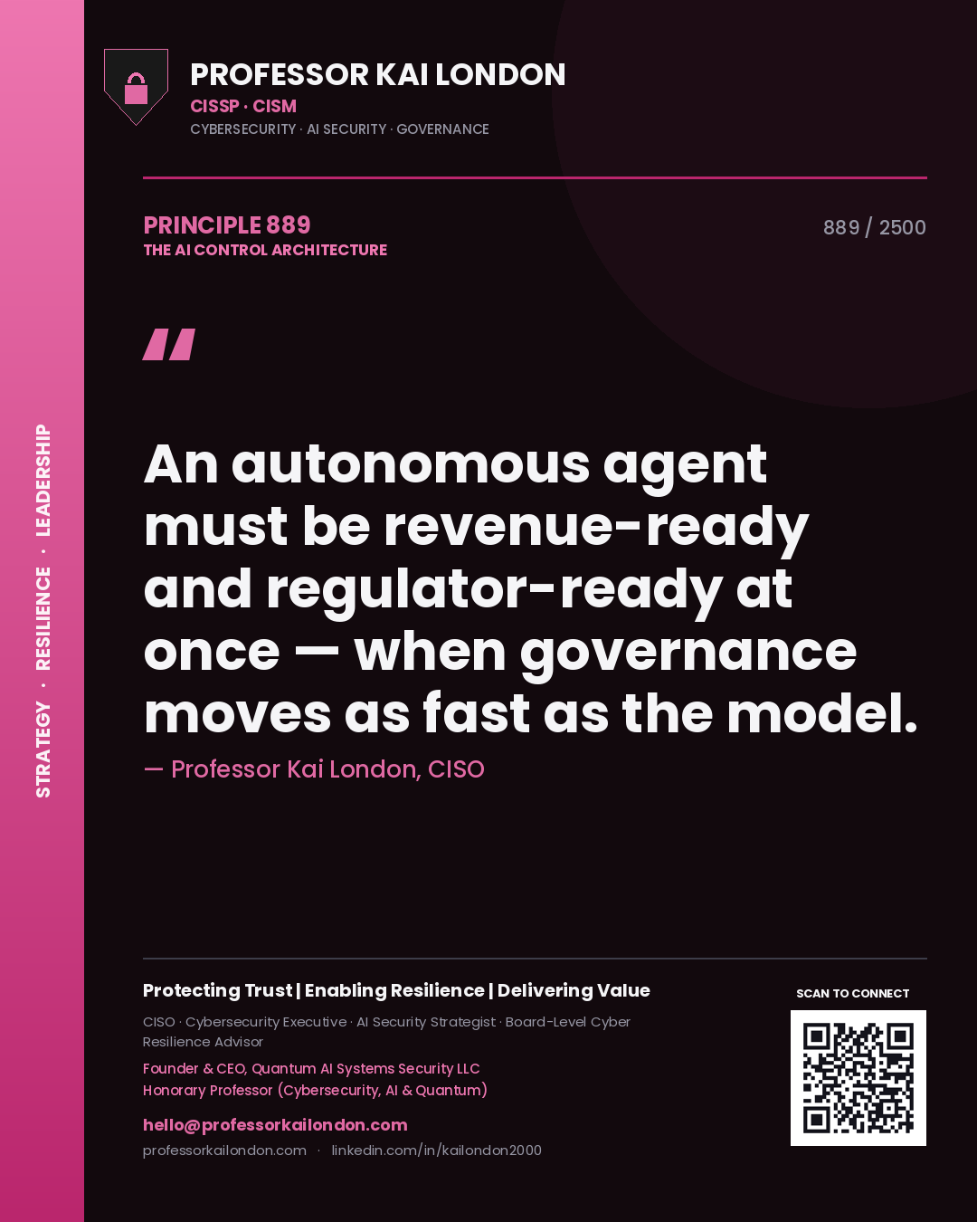 Quote card by Professor Kai London reading 'An autonomous agent must be revenue-ready and regulator-ready at once — when governance moves as fast as the model.'. From the book The AI Control Architecture.