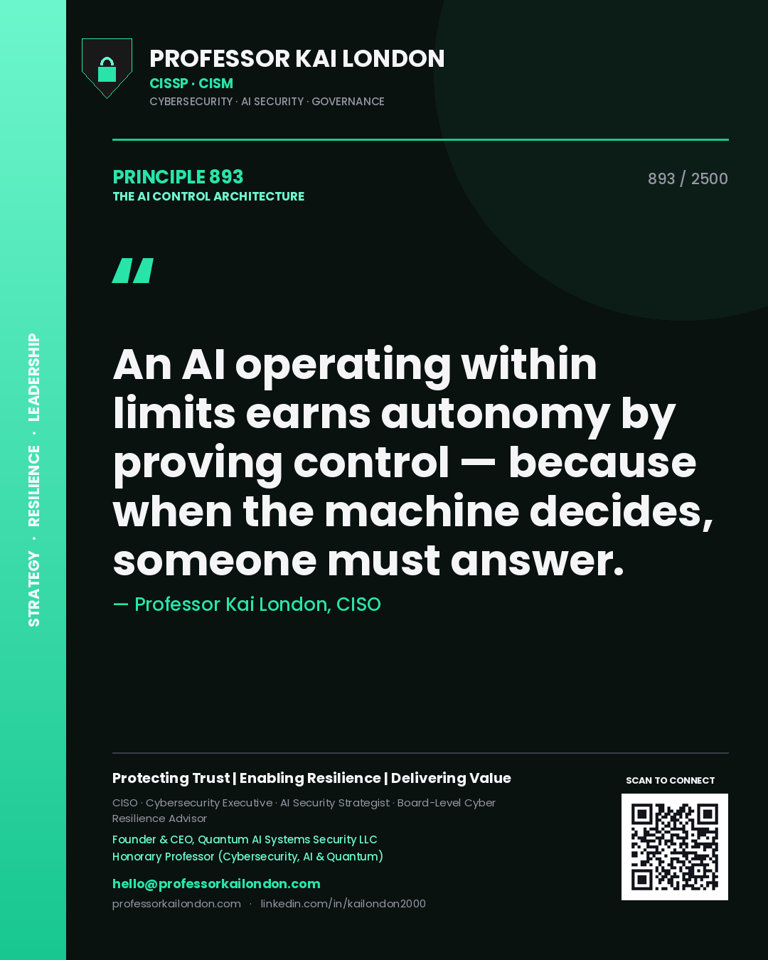 Quote card by Professor Kai London reading 'An AI operating within limits earns autonomy by proving control — because when the machine decides, someone must answer.'. From the book The AI Control Architecture.