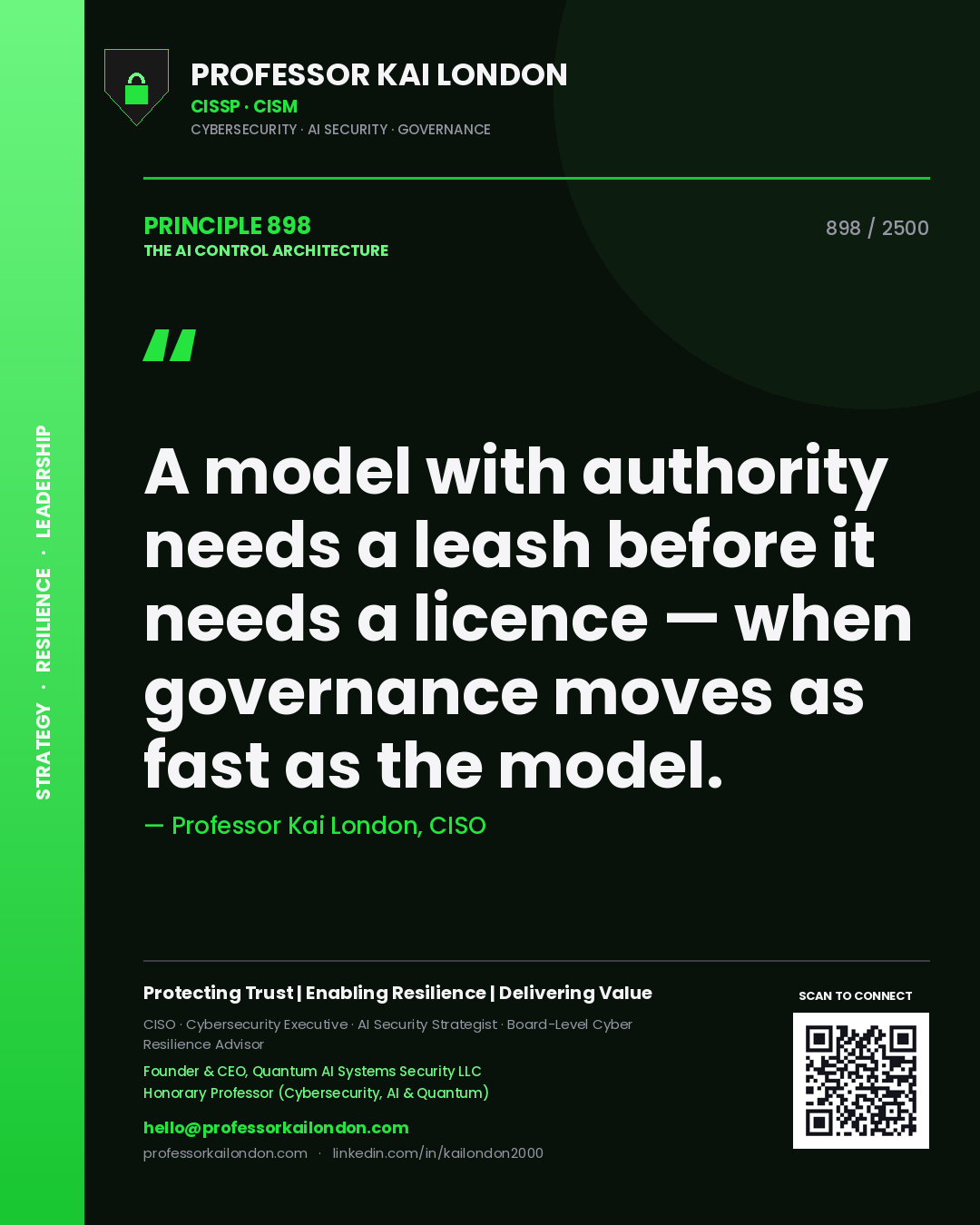 Professor Kai London principle 898: A model with authority needs a leash before it needs a licence — when governance moves as fast as the model.