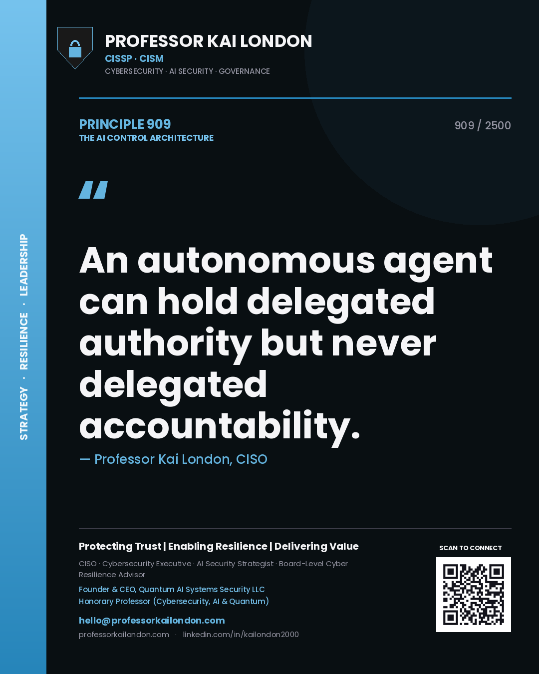 Quote card by Professor Kai London reading 'An autonomous agent can hold delegated authority but never delegated accountability.'. From the book The AI Control Architecture.