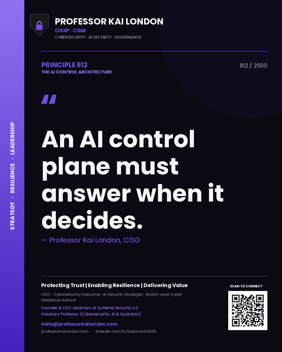 Quote card by Professor Kai London reading 'An AI control plane must answer when it decides.'. From the book The AI Control Architecture.