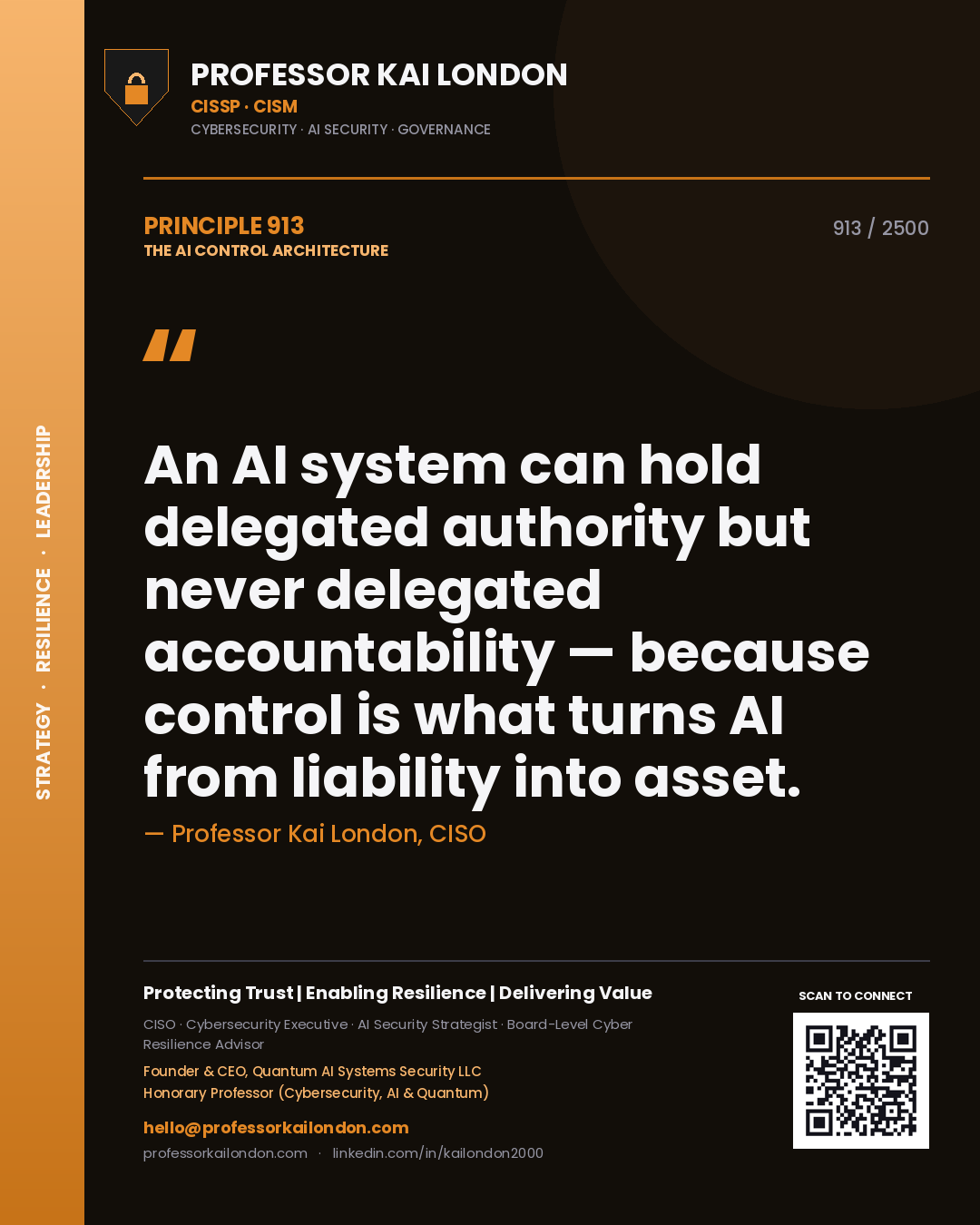 Professor Kai London principle 913: An AI system can hold delegated authority but never delegated accountability — because control is what turns AI from liability into asset.