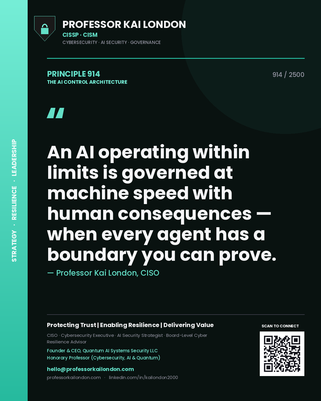 Quote card by Professor Kai London reading 'An AI operating within limits is governed at machine speed with human consequences — when every agent has a boundary you can prove.'. From the book The AI Control Architecture.