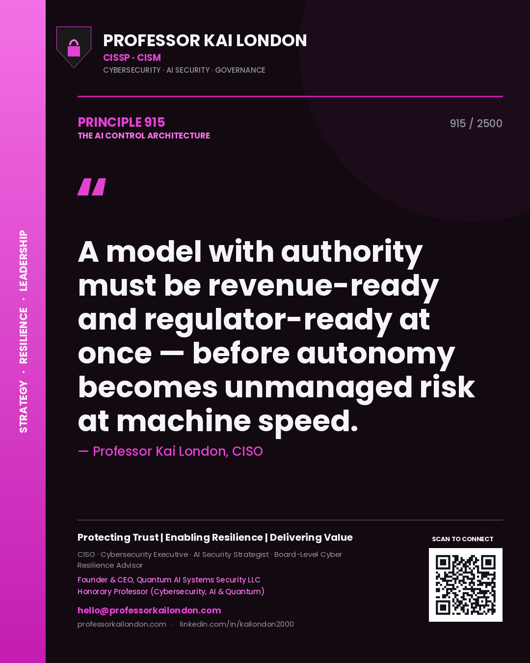 Quote card by Professor Kai London reading 'A model with authority must be revenue-ready and regulator-ready at once — before autonomy becomes unmanaged risk at machine speed.'. From the book The AI Control Architecture.