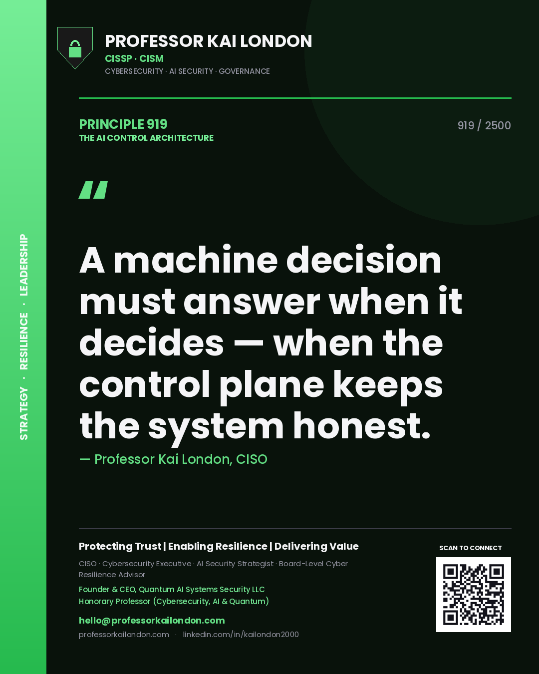 Quote card by Professor Kai London reading 'A machine decision must answer when it decides — when the control plane keeps the system honest.'. From the book The AI Control Architecture.