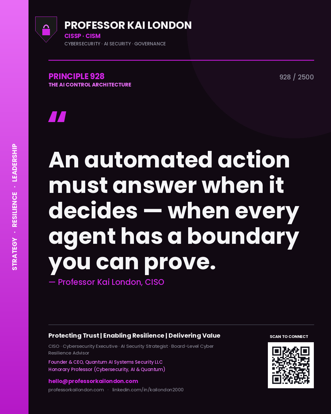 Professor Kai London principle 928: An automated action must answer when it decides — when every agent has a boundary you can prove.