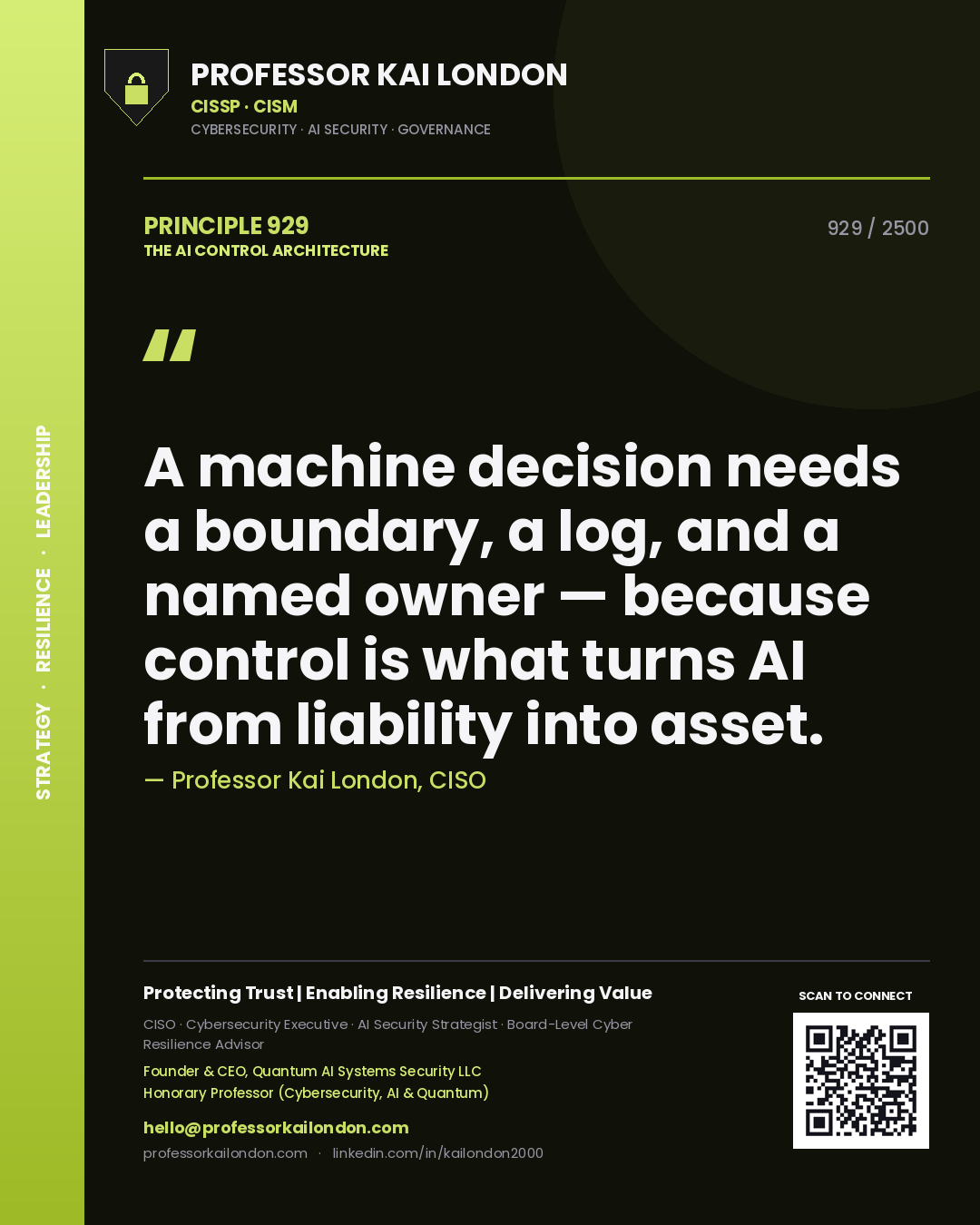 Professor Kai London principle 929: A machine decision needs a boundary, a log, and a named owner — because control is what turns AI from liability into asset.