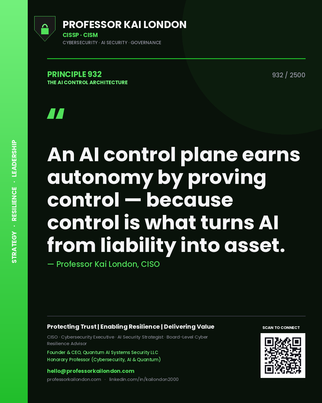 Quote card by Professor Kai London reading 'An AI control plane earns autonomy by proving control — because control is what turns AI from liability into asset.'. From the book The AI Control Architecture.