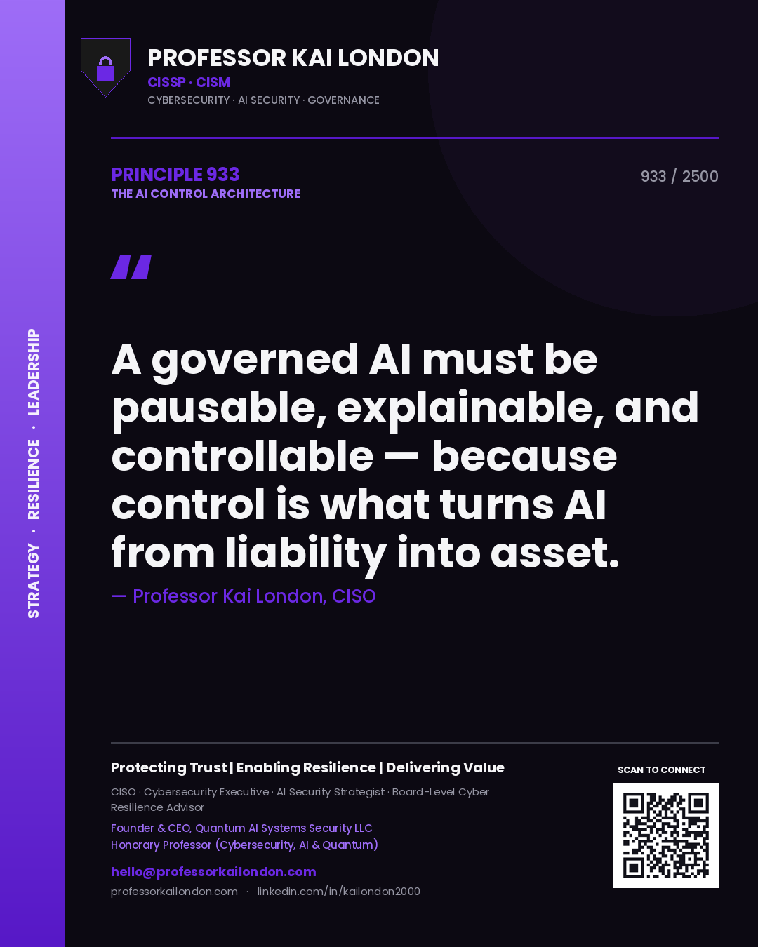 Quote card by Professor Kai London reading 'A governed AI must be pausable, explainable, and controllable — because control is what turns AI from liability into asset.'. From the book The AI Control Architecture.