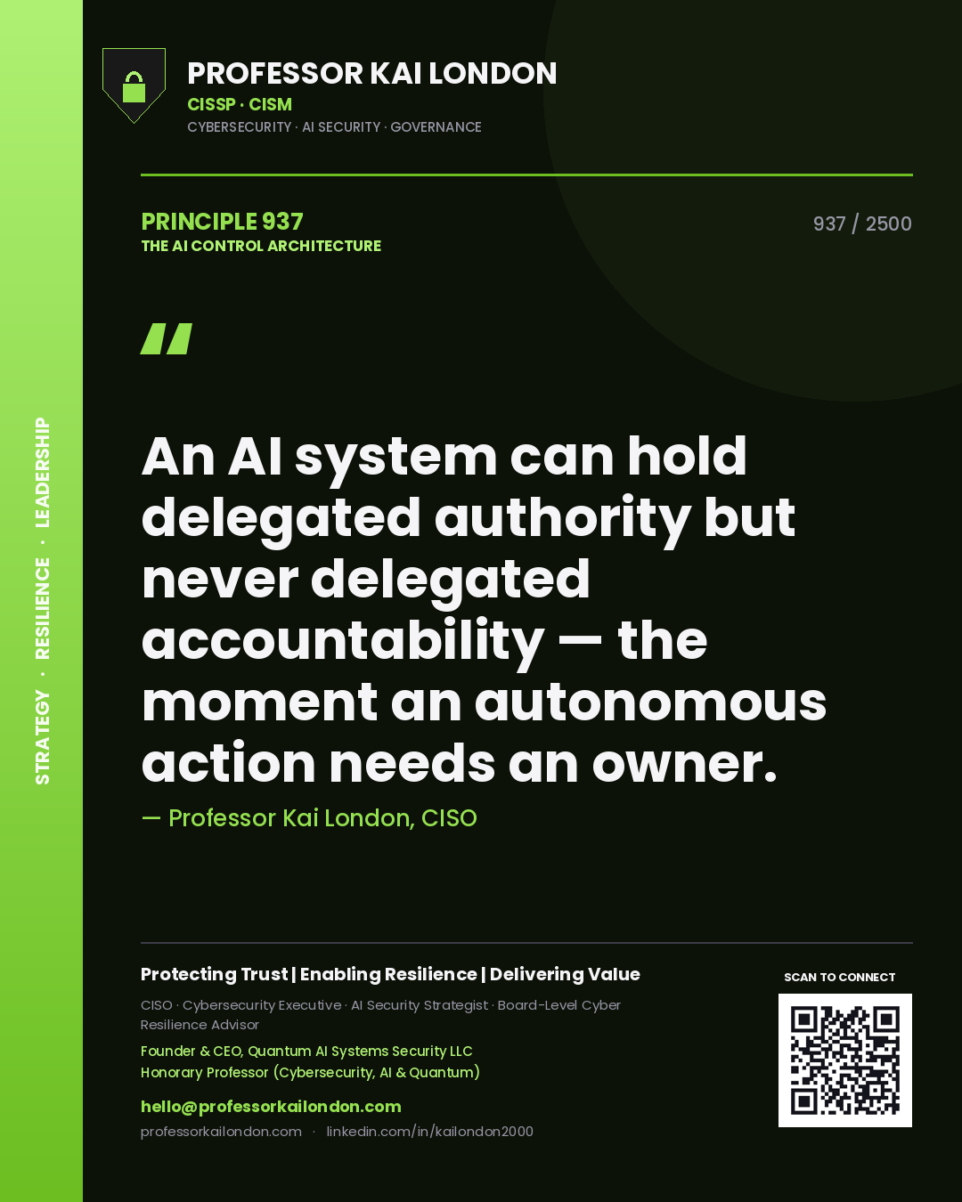 Quote card by Professor Kai London reading 'An AI system can hold delegated authority but never delegated accountability — the moment an autonomous action needs an owner.'. From the book The AI Control Architecture.
