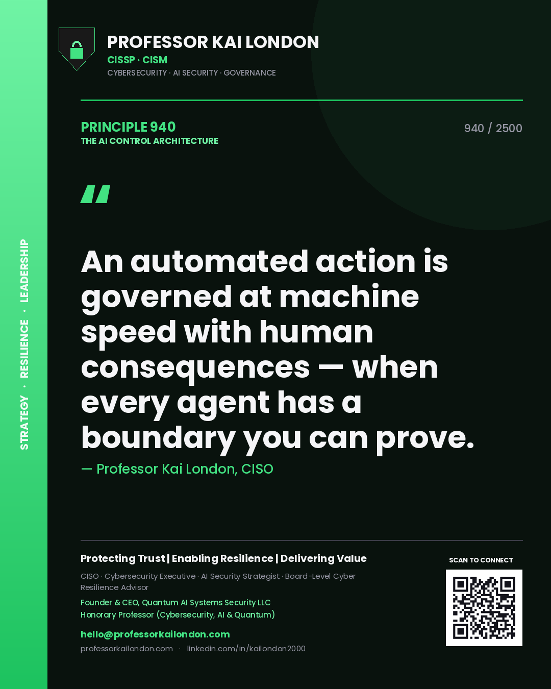 Quote card by Professor Kai London reading 'An automated action is governed at machine speed with human consequences — when every agent has a boundary you can prove.'. From the book The AI Control Architecture.