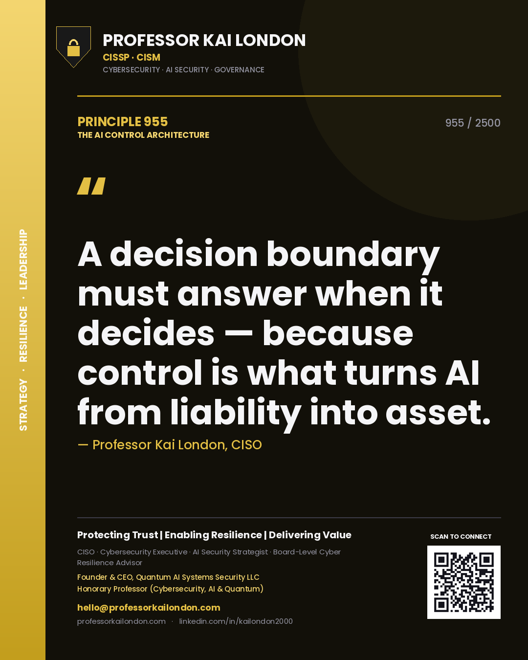 Quote card by Professor Kai London reading 'A decision boundary must answer when it decides — because control is what turns AI from liability into asset.'. From the book The AI Control Architecture.