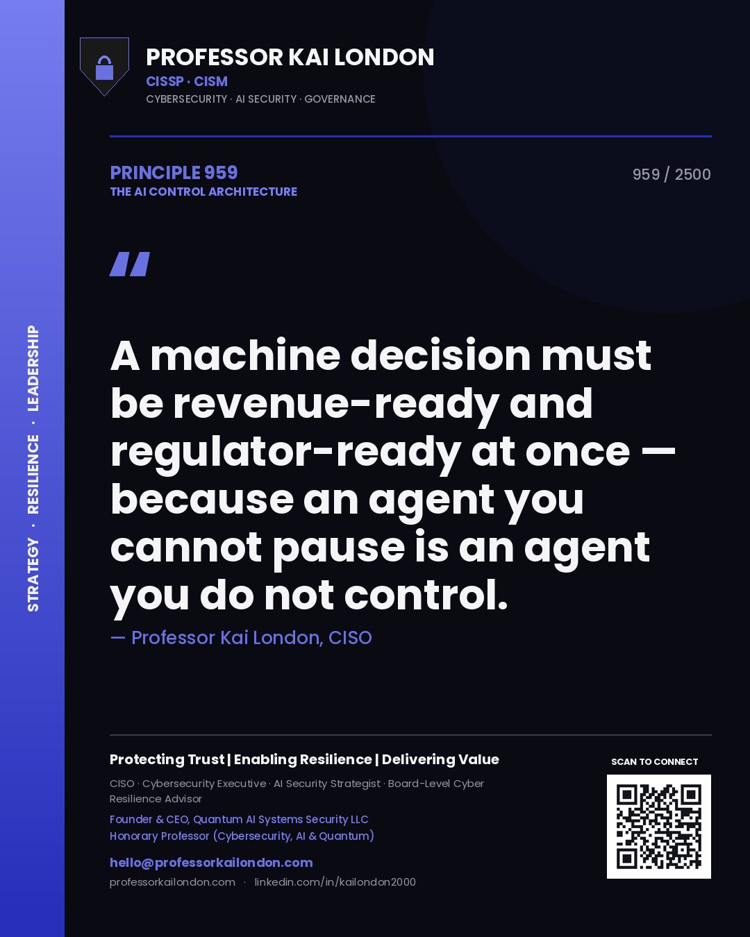 Quote card by Professor Kai London reading 'A machine decision must be revenue-ready and regulator-ready at once — because an agent you cannot pause is an agent you do not control.'. From the book The AI Control Architecture.