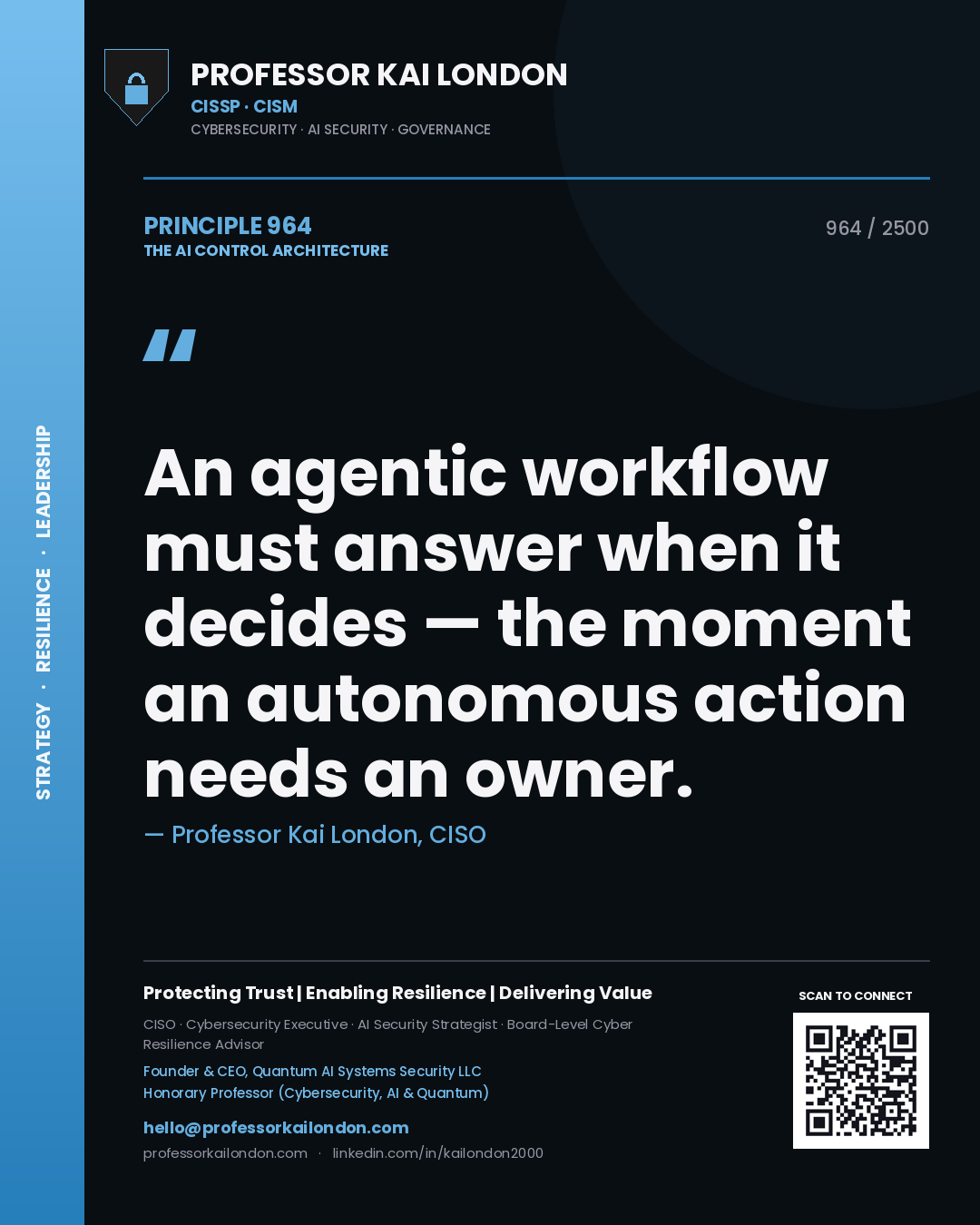 Quote card by Professor Kai London reading 'An agentic workflow must answer when it decides — the moment an autonomous action needs an owner.'. From the book The AI Control Architecture.