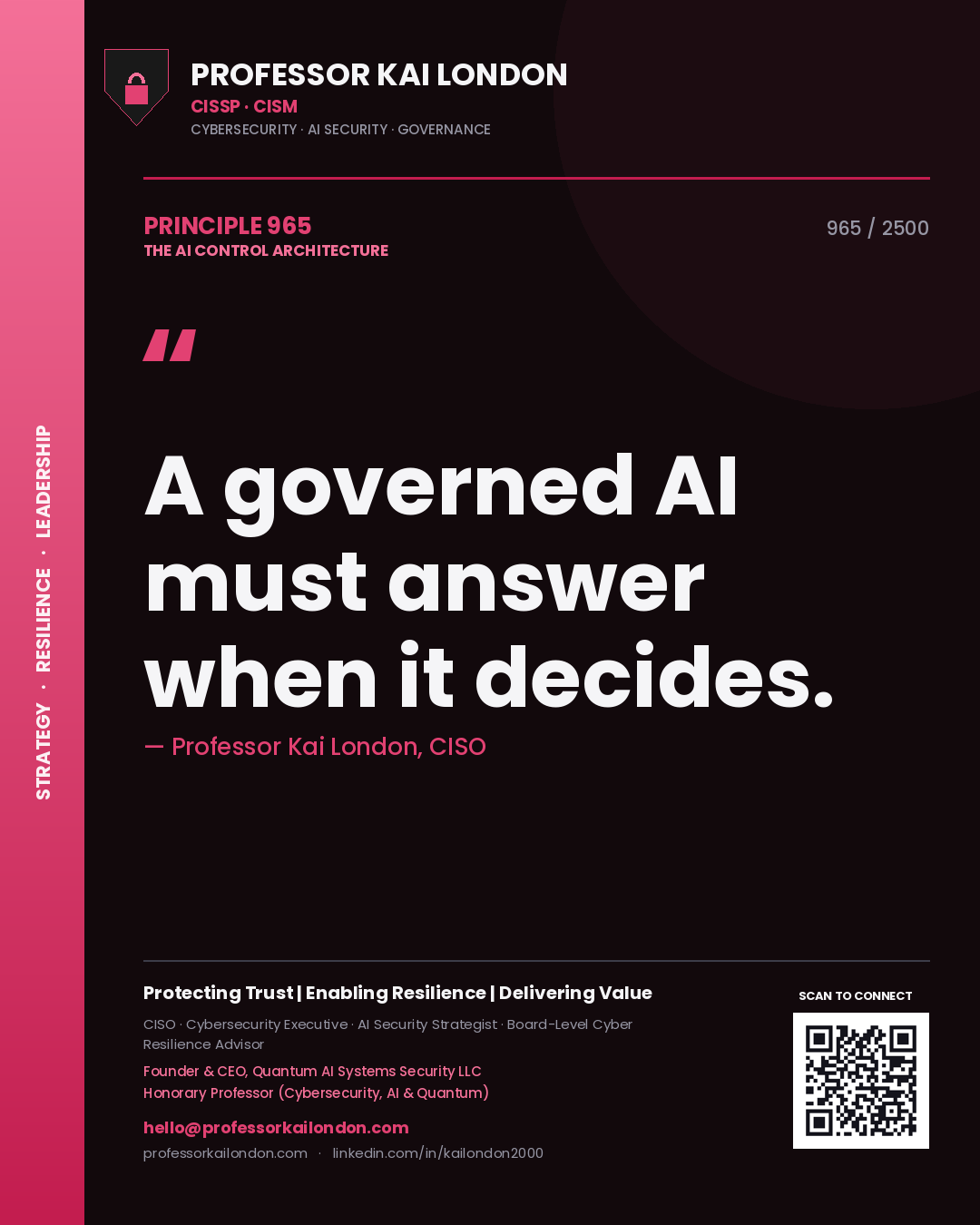 Quote card by Professor Kai London reading 'A governed AI must answer when it decides.'. From the book The AI Control Architecture.