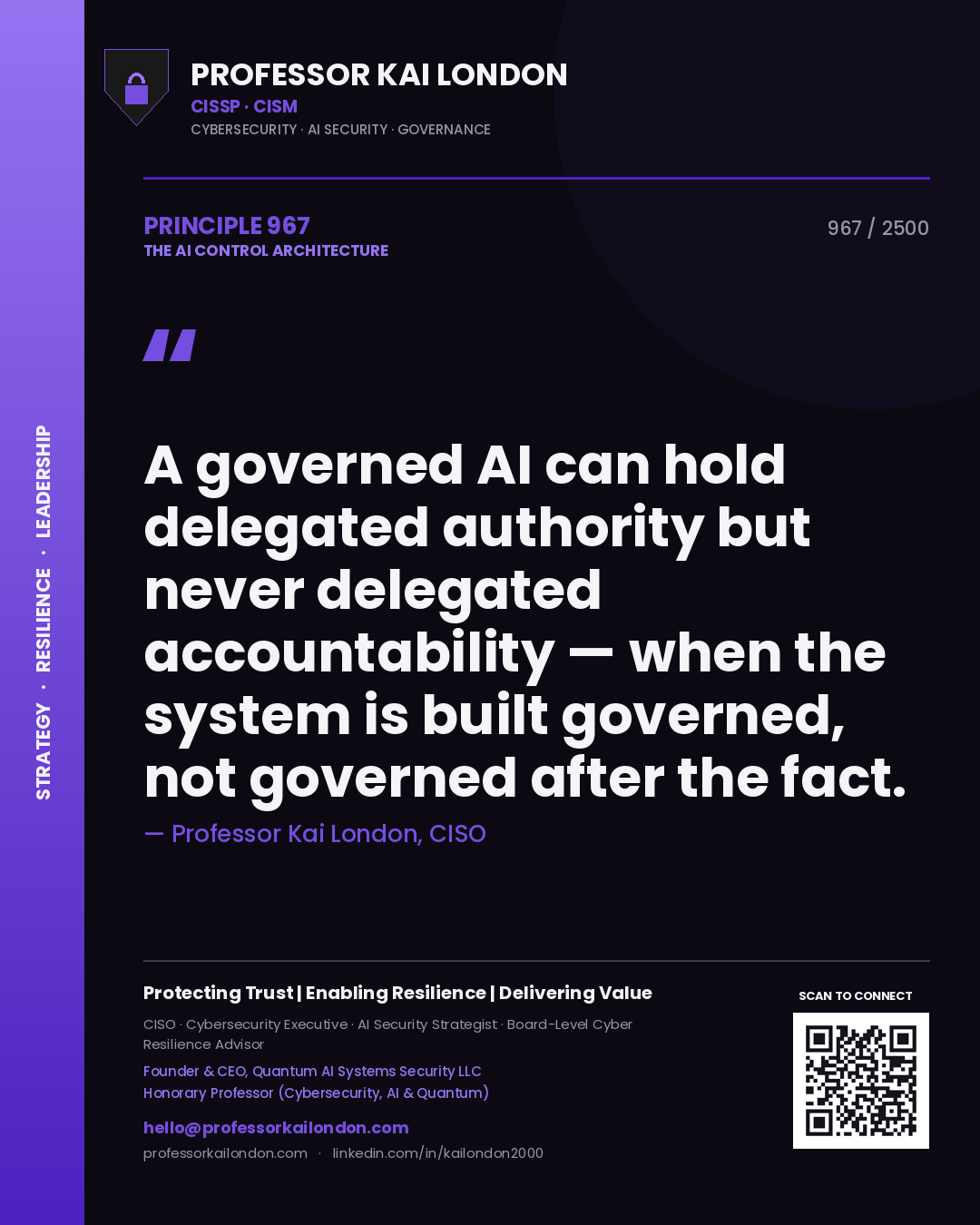 Professor Kai London principle 967: A governed AI can hold delegated authority but never delegated accountability — when the system is built governed, not governed after the fact.