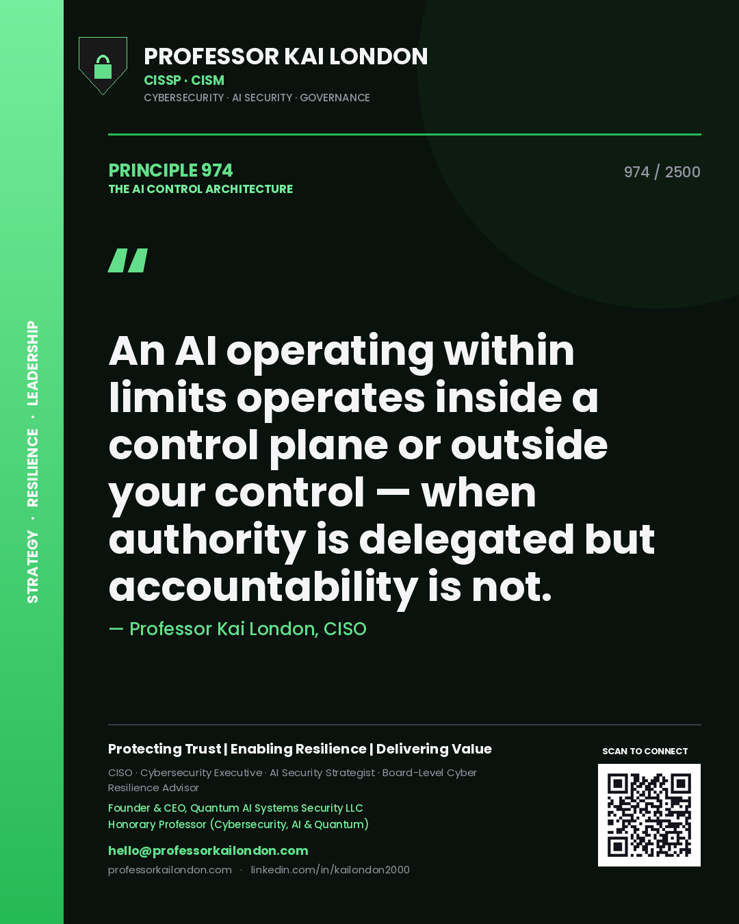 Professor Kai London principle 974: An AI operating within limits operates inside a control plane or outside your control — when authority is delegated but accountability is not.