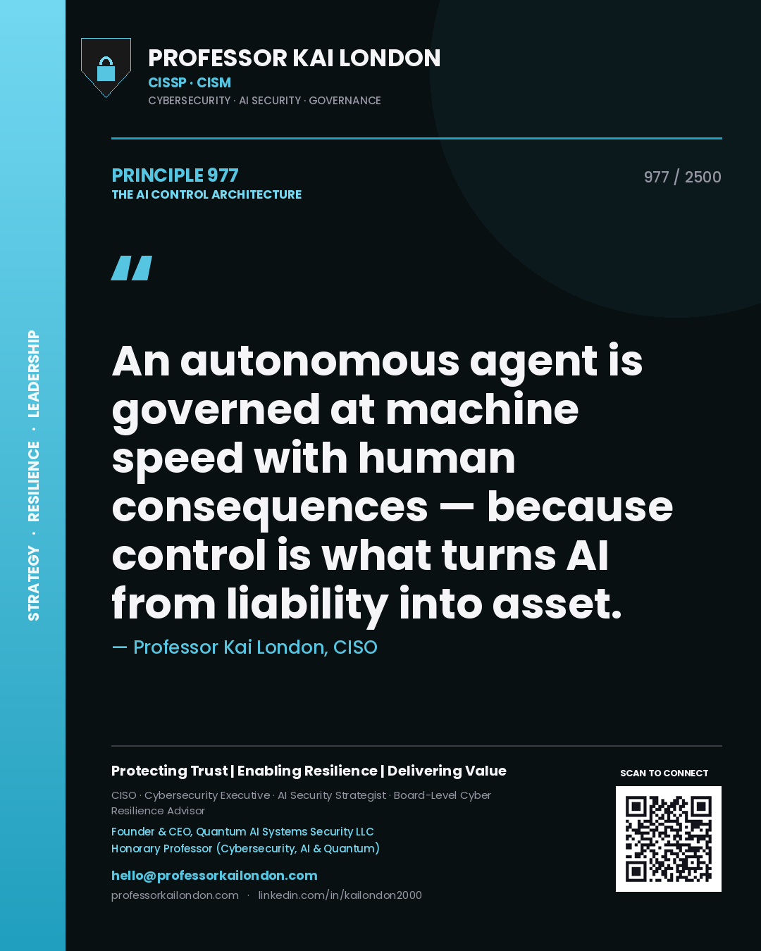 Professor Kai London principle 977: An autonomous agent is governed at machine speed with human consequences — because control is what turns AI from liability into asset.