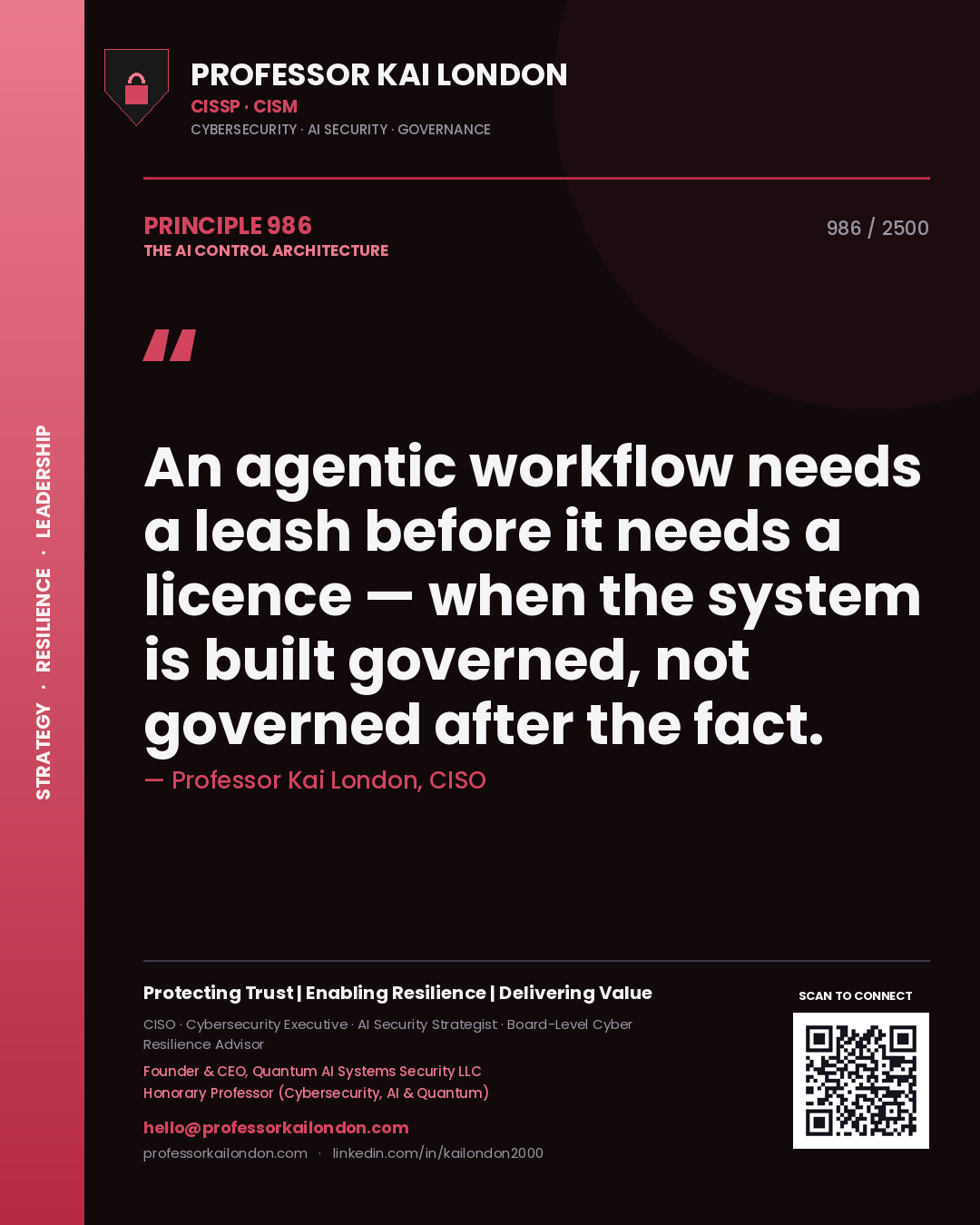 Quote card by Professor Kai London reading 'An agentic workflow needs a leash before it needs a licence — when the system is built governed, not governed after the fact.'. From the book The AI Control Architecture.