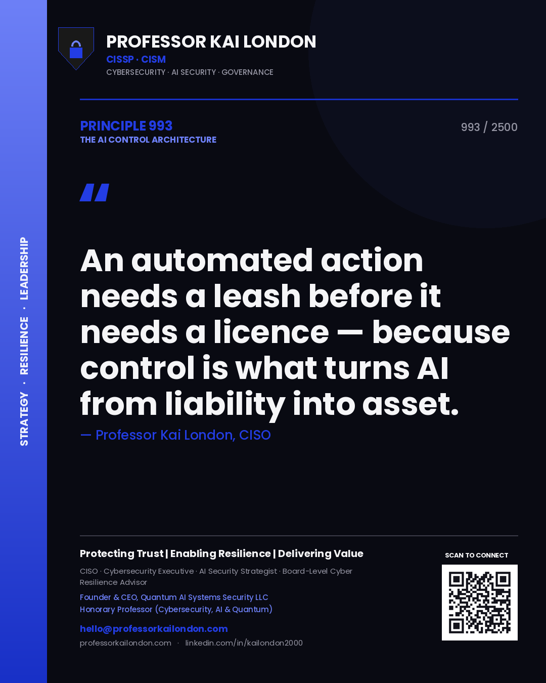Quote card by Professor Kai London reading 'An automated action needs a leash before it needs a licence — because control is what turns AI from liability into asset.'. From the book The AI Control Architecture.