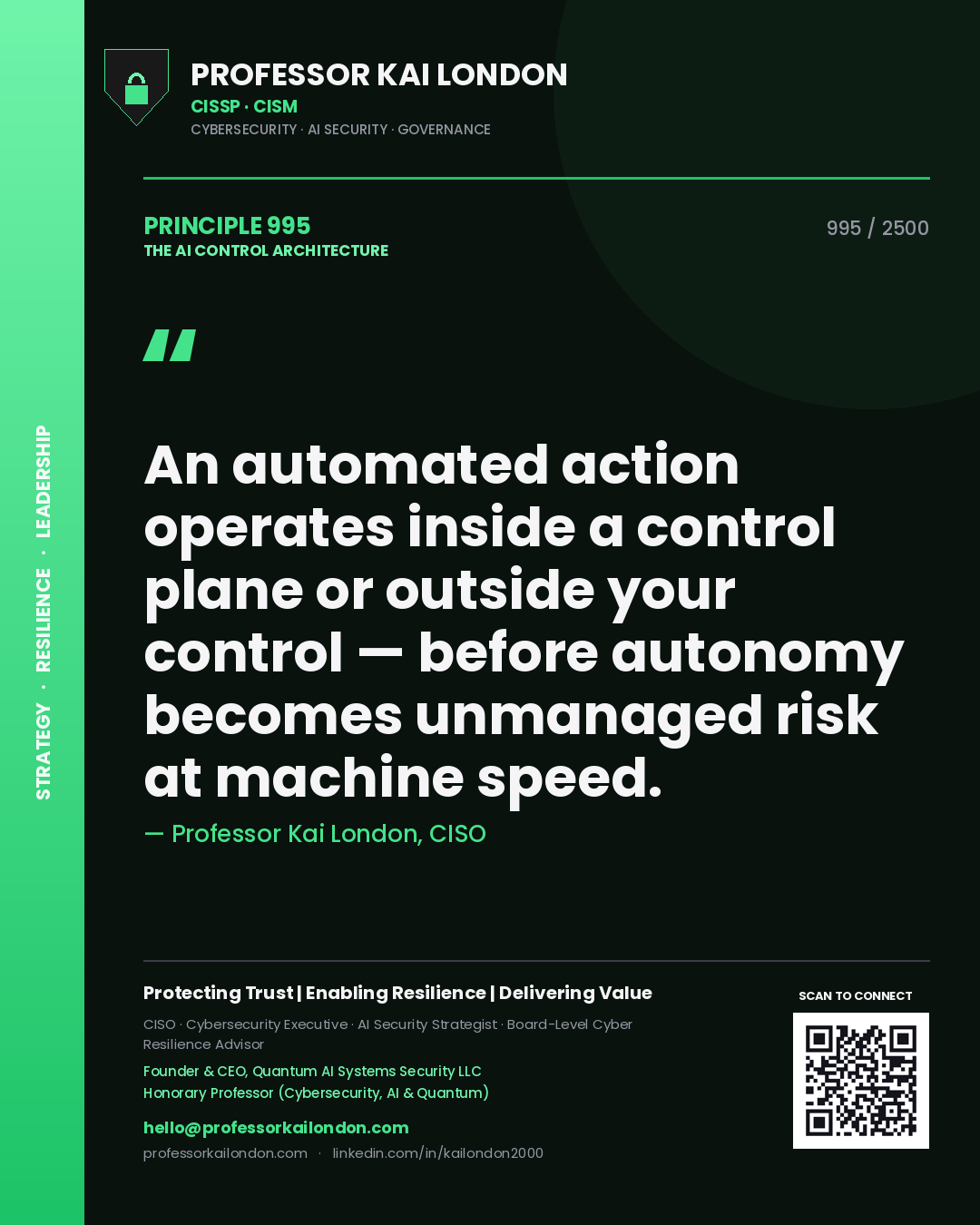 Quote card by Professor Kai London reading 'An automated action operates inside a control plane or outside your control — before autonomy becomes unmanaged risk at machine speed.'. From the book The AI Control Architecture.