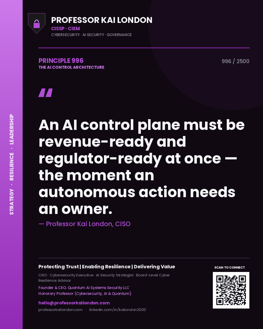 Quote card by Professor Kai London reading 'An AI control plane must be revenue-ready and regulator-ready at once — the moment an autonomous action needs an owner.'. From the book The AI Control Architecture.