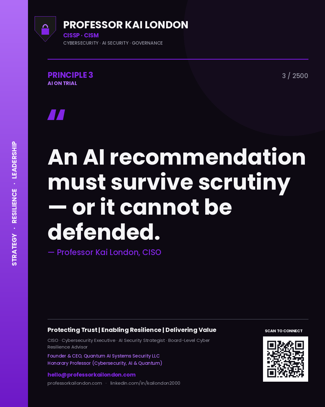 Professor Kai London principle 3: An AI recommendation must survive scrutiny — or it cannot be defended.