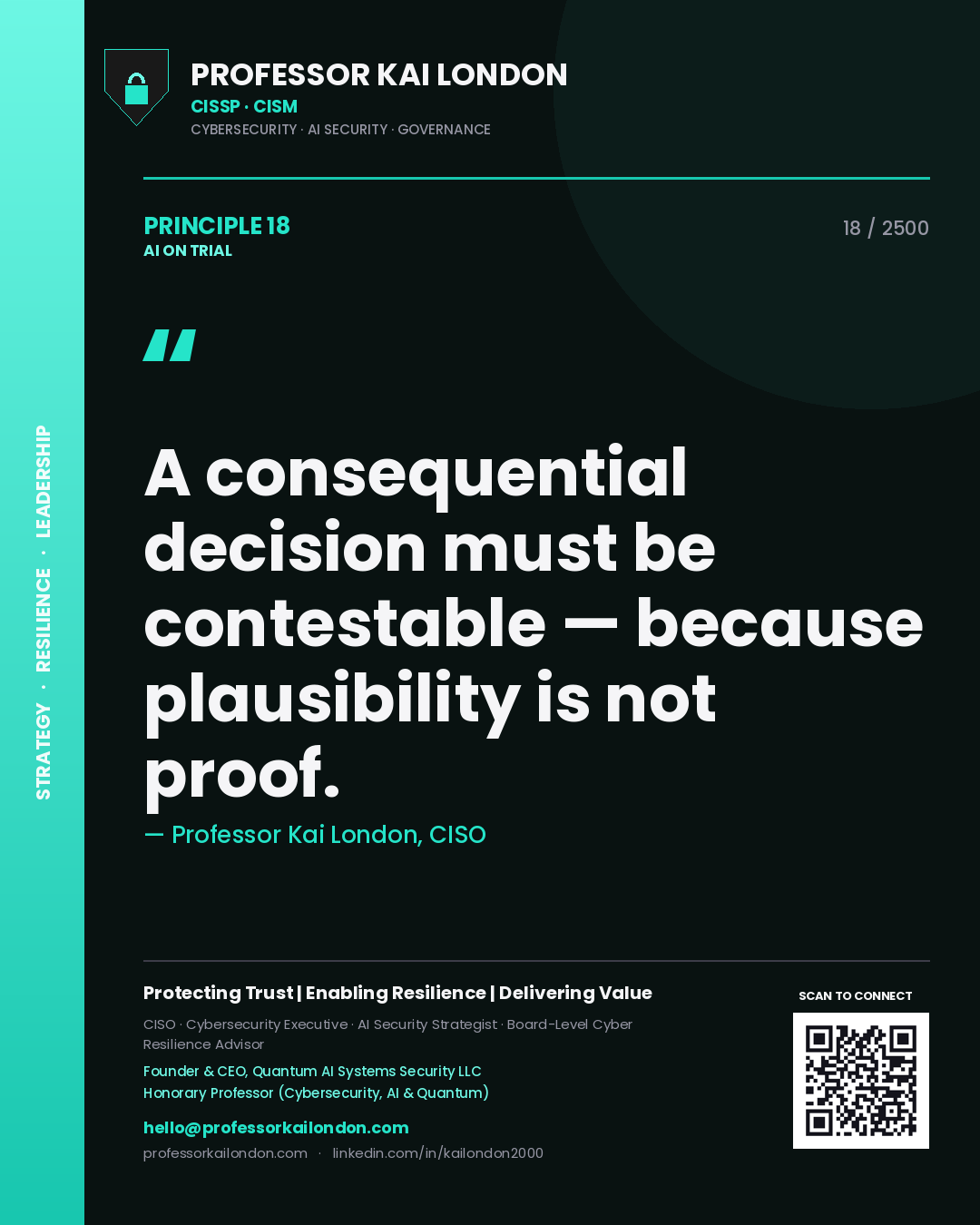 Professor Kai London principle 18: A consequential decision must be contestable — because plausibility is not proof.
