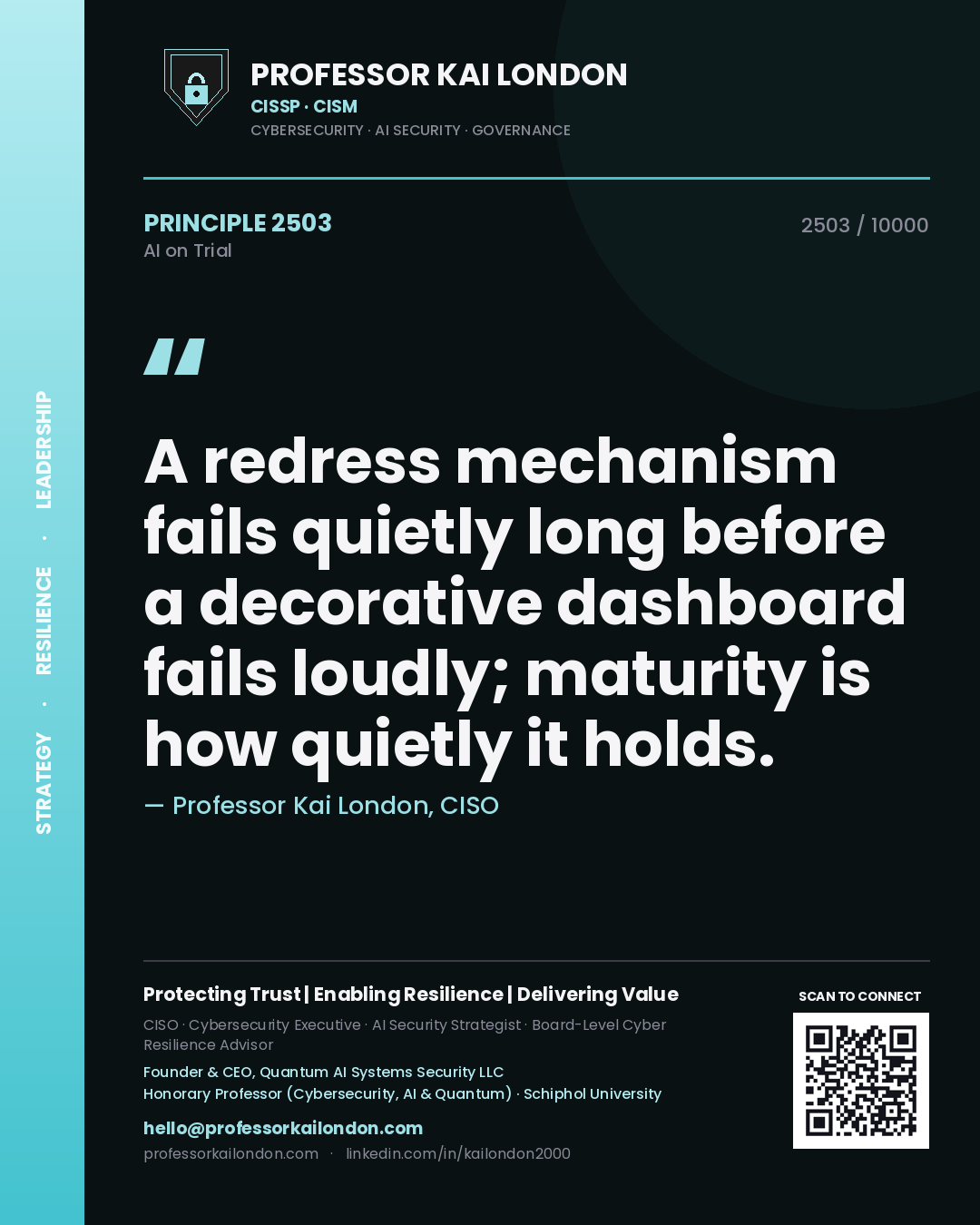Professor Kai London principle 2503: A redress mechanism fails quietly long before a decorative dashboard fails loudly; maturity is how quietly it holds.