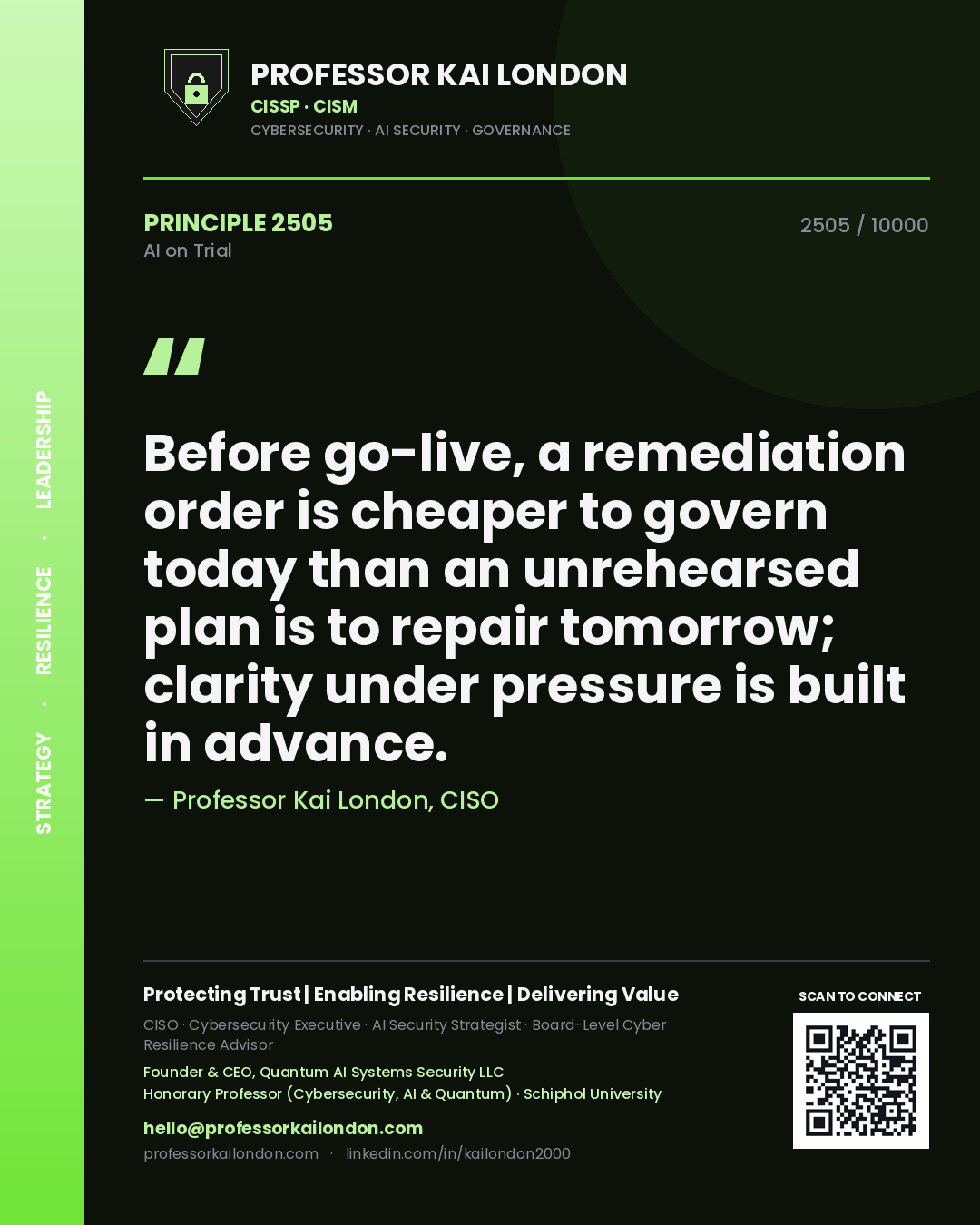 Professor Kai London principle 2505: Before go-live, a remediation order is cheaper to govern today than an unrehearsed plan is to repair tomorrow; clarity under pressure is built in advance.