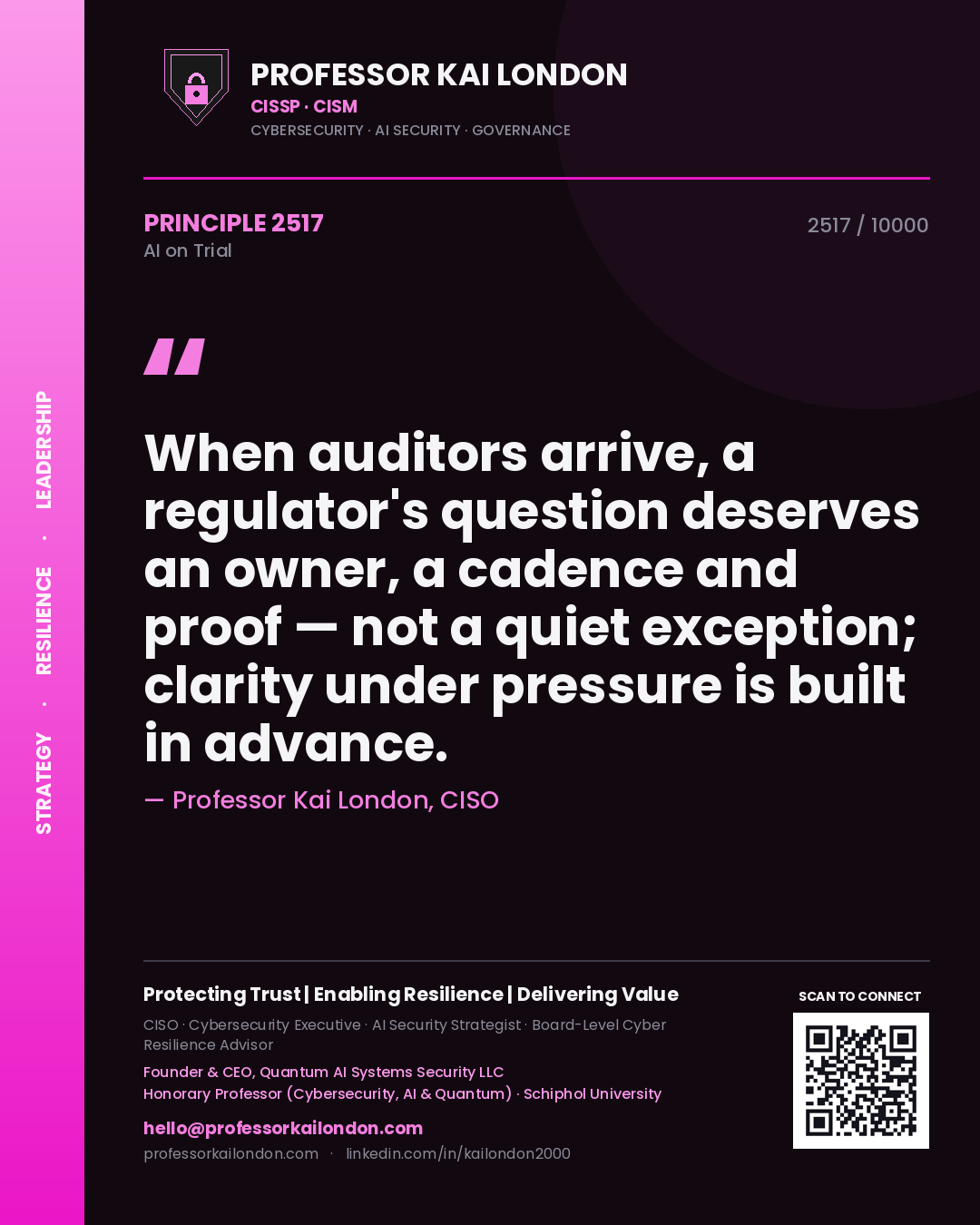 Professor Kai London principle 2517: When auditors arrive, a regulator's question deserves an owner, a cadence and proof — not a quiet exception; clarity under pressure is built in advance.
