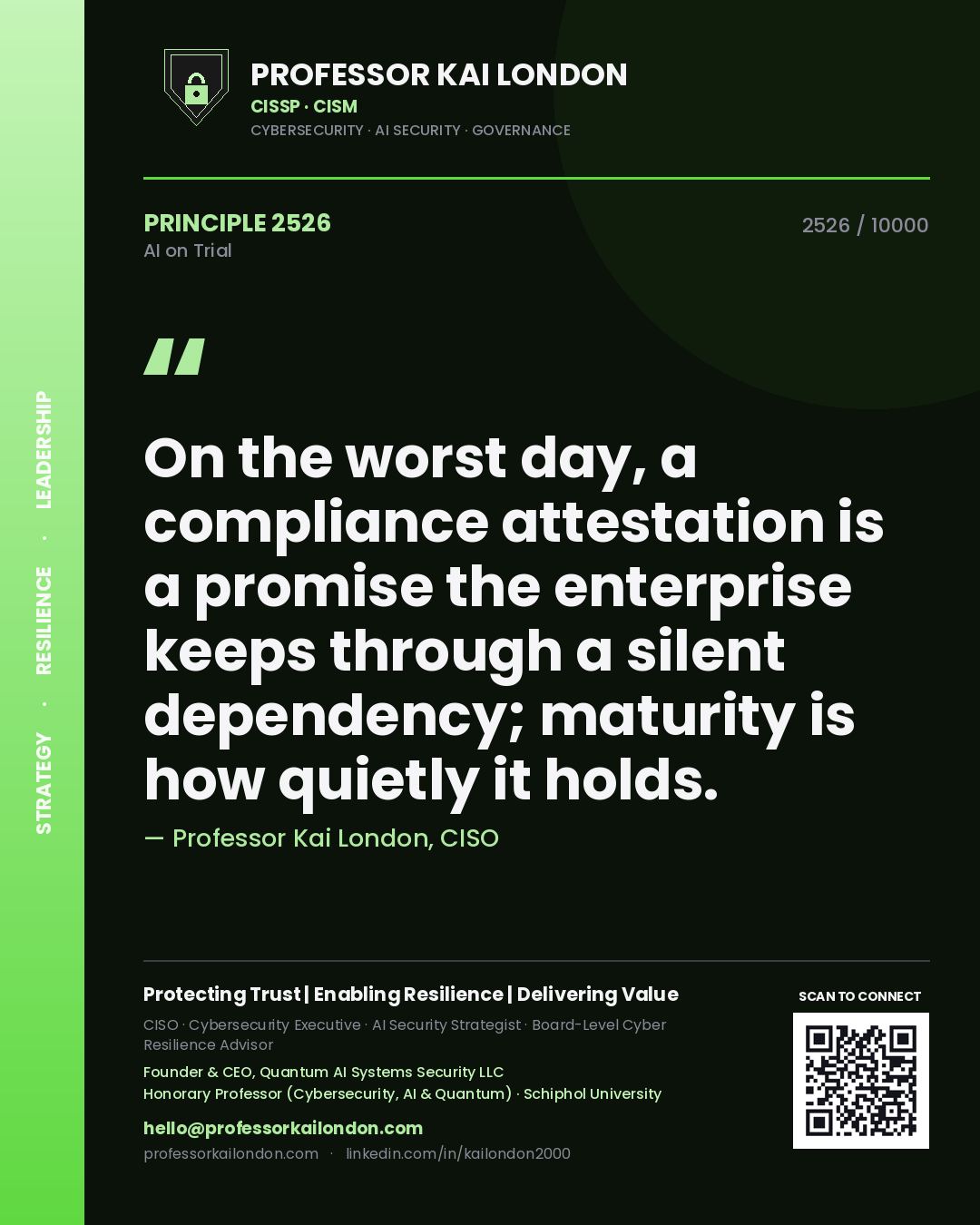 Professor Kai London principle 2526: On the worst day, a compliance attestation is a promise the enterprise keeps through a silent dependency; maturity is how quietly it holds.