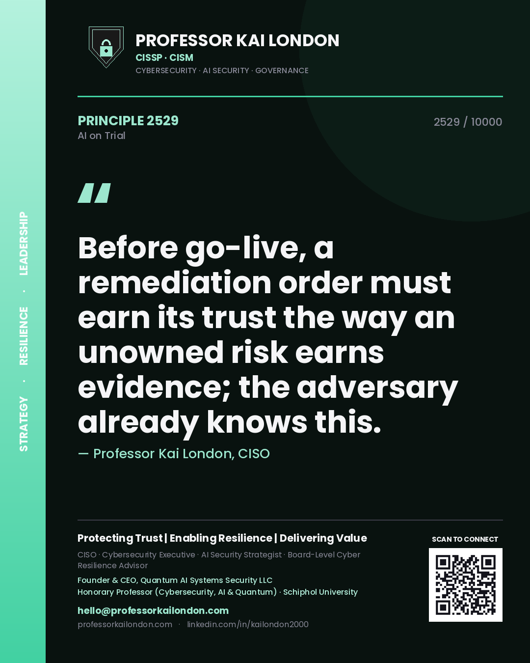 Professor Kai London principle 2529: Before go-live, a remediation order must earn its trust the way an unowned risk earns evidence; the adversary already knows this.