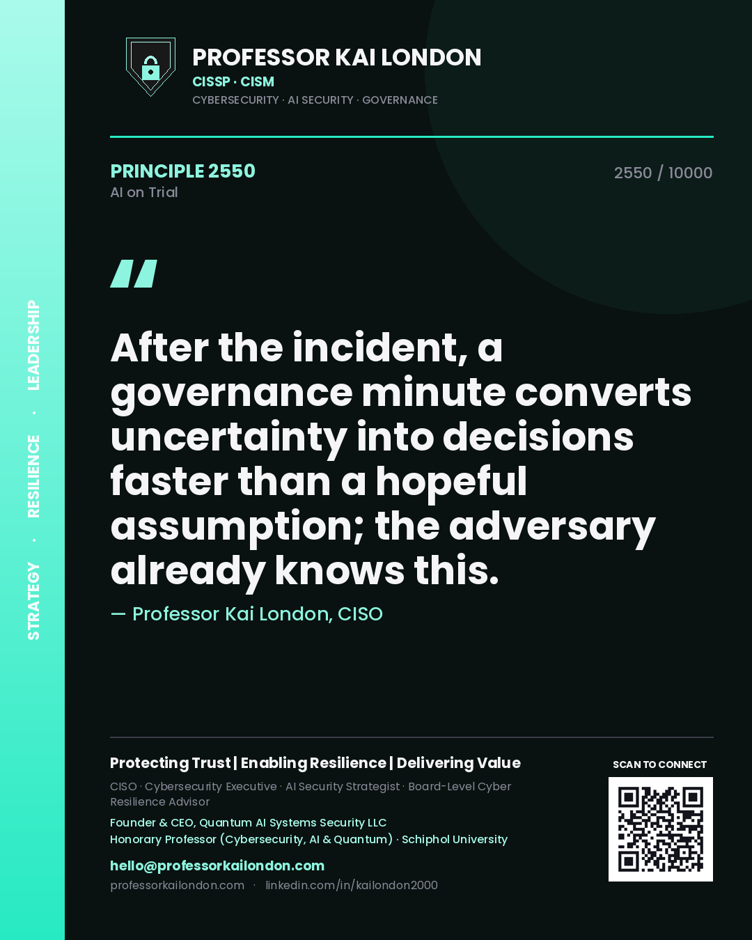 Professor Kai London principle 2550: After the incident, a governance minute converts uncertainty into decisions faster than a hopeful assumption; the adversary already knows this.