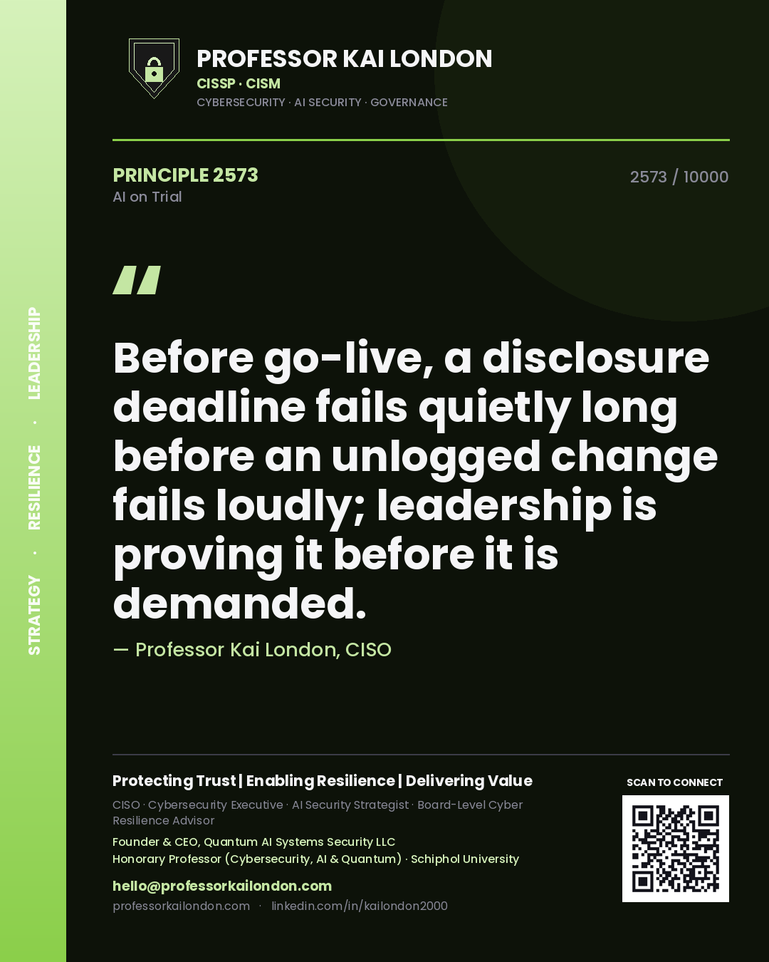 Professor Kai London principle 2573: Before go-live, a disclosure deadline fails quietly long before an unlogged change fails loudly; leadership is proving it before it is demanded.
