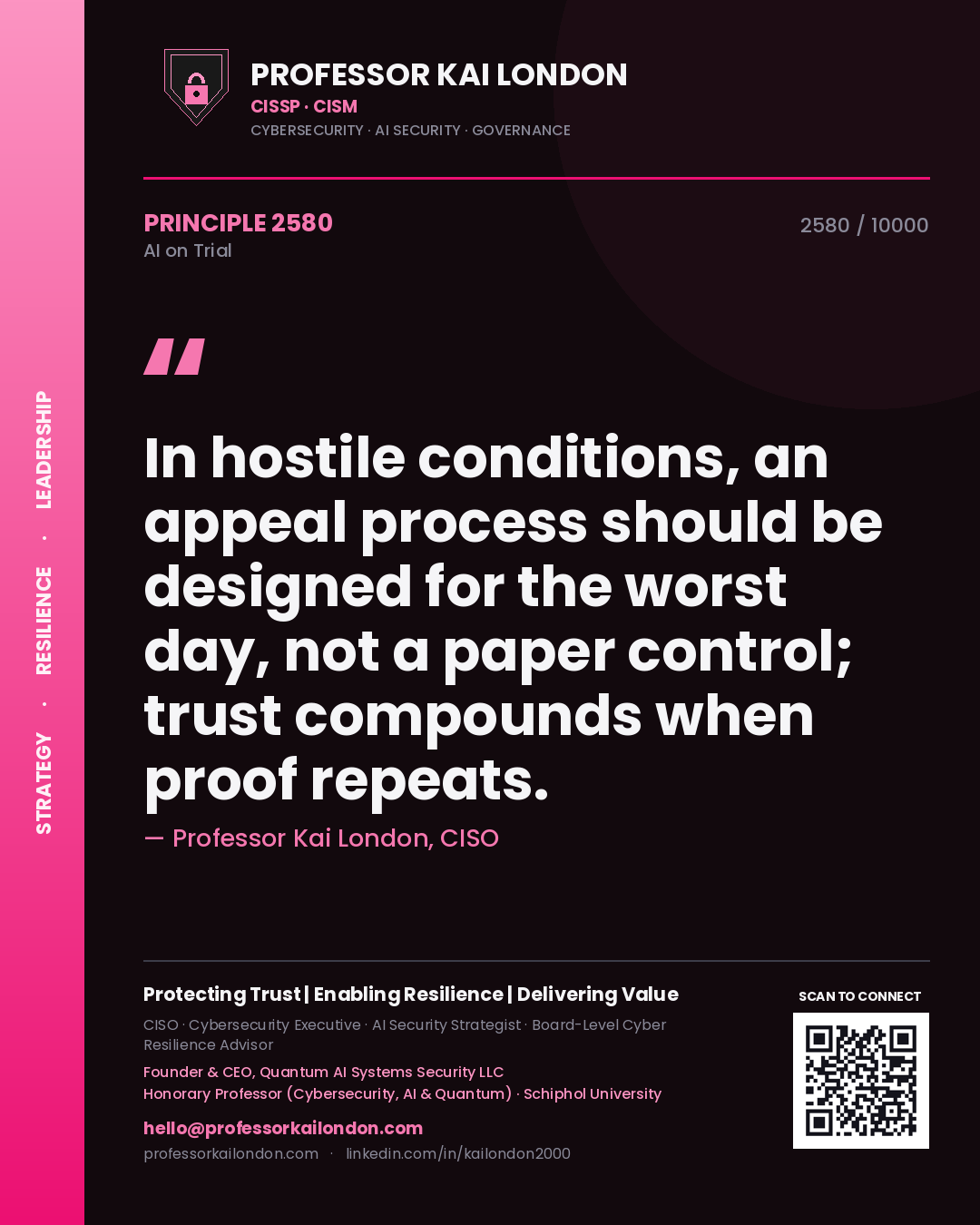 Professor Kai London principle 2580: In hostile conditions, an appeal process should be designed for the worst day, not a paper control; trust compounds when proof repeats.