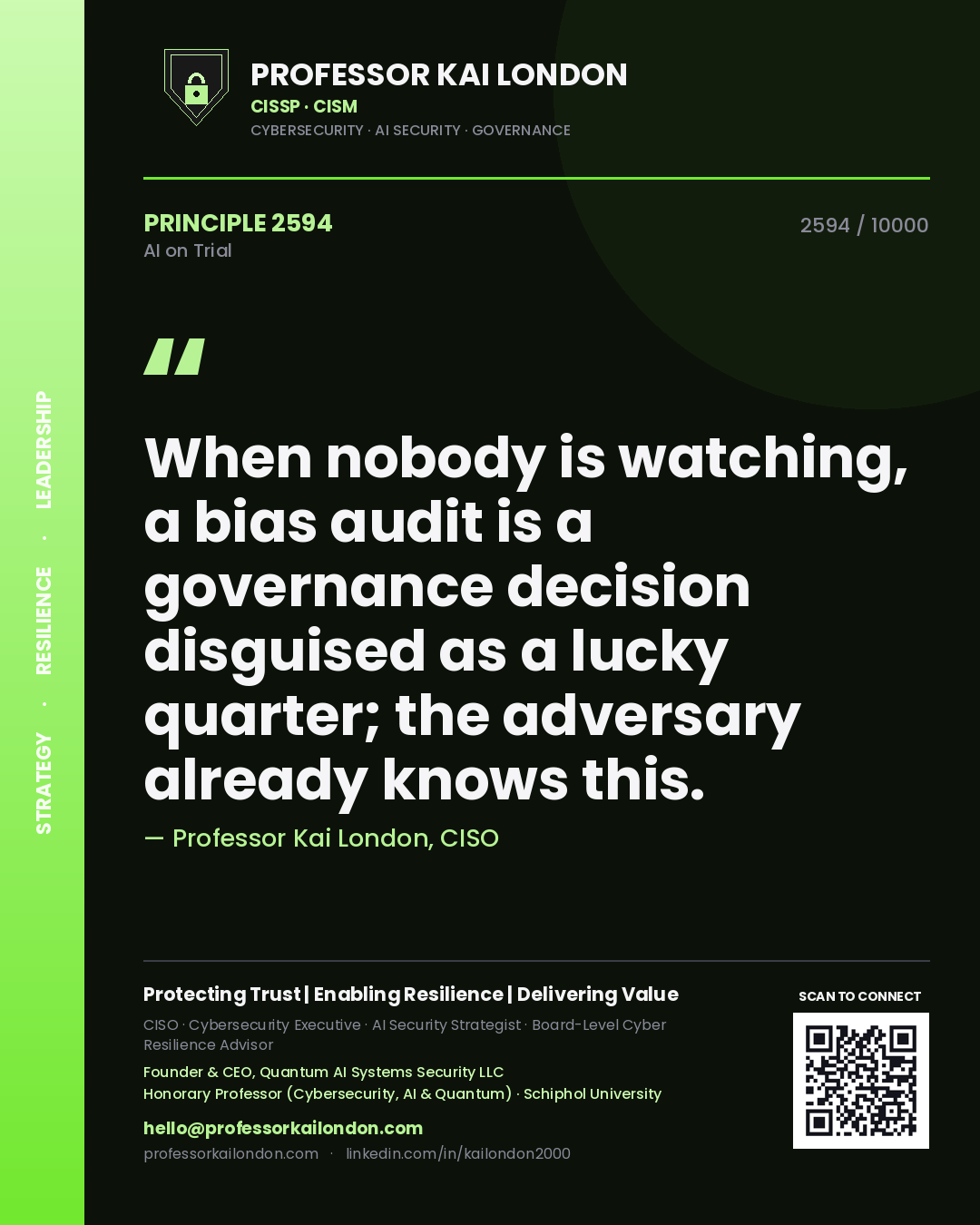 Professor Kai London principle 2594: When nobody is watching, a bias audit is a governance decision disguised as a lucky quarter; the adversary already knows this.