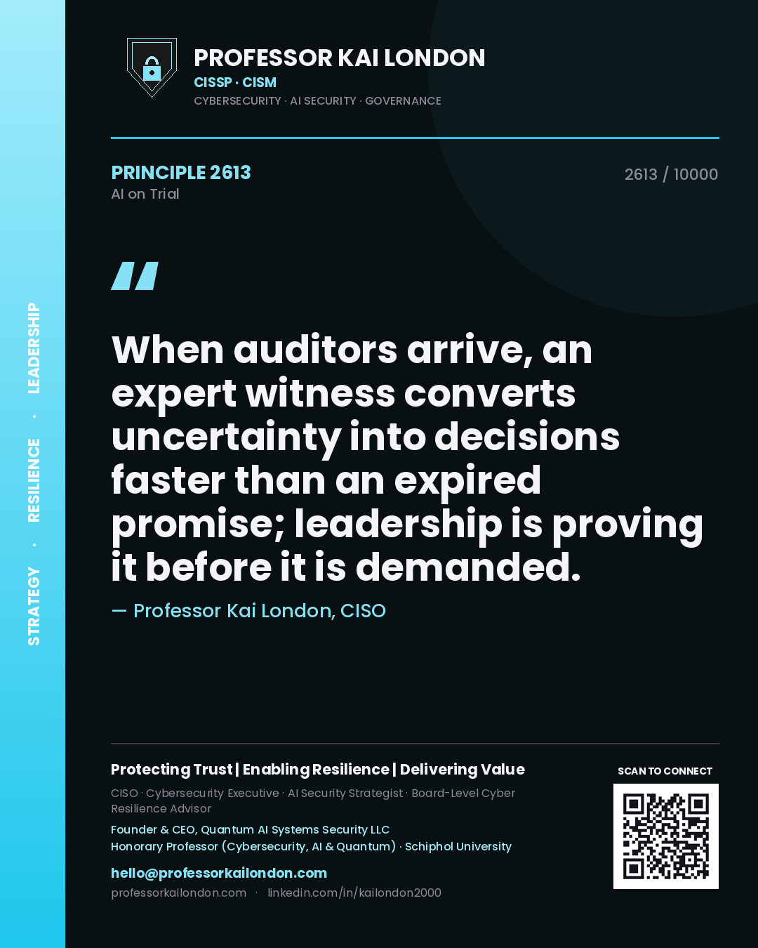 Professor Kai London principle 2613: When auditors arrive, an expert witness converts uncertainty into decisions faster than an expired promise; leadership is proving it before it is demanded.