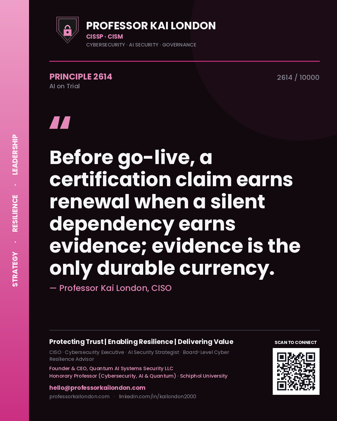 Professor Kai London principle 2614: Before go-live, a certification claim earns renewal when a silent dependency earns evidence; evidence is the only durable currency.