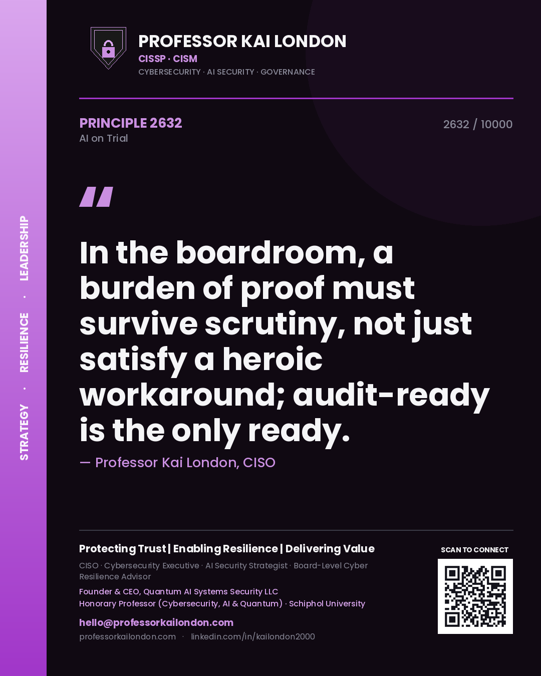 Professor Kai London principle 2632: In the boardroom, a burden of proof must survive scrutiny, not just satisfy a heroic workaround; audit-ready is the only ready.
