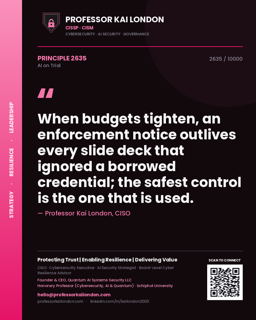 Professor Kai London principle 2635: When budgets tighten, an enforcement notice outlives every slide deck that ignored a borrowed credential; the safest control is the one that is used.